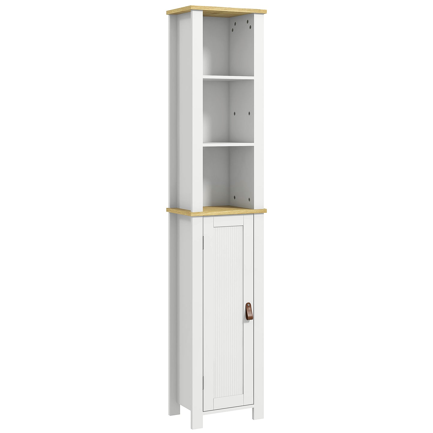 kleankin Mueble Auxiliar de Baño Columna de Baño Armario de Baño con Estantes Abiertos Puerta y Estante Ajustable Diseño Anti-vuelco 34x23x165 cm Blanco