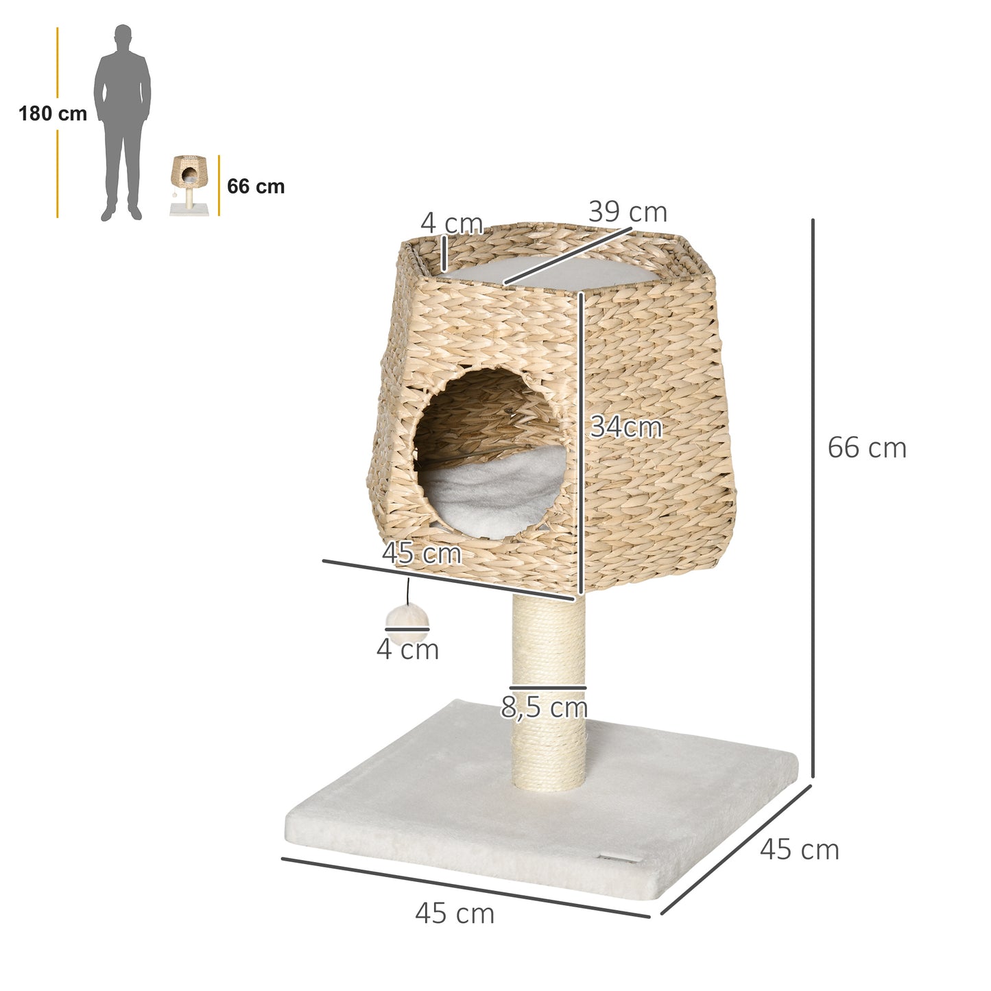 PawHut Árbol Rascador para Gatos Pequeño Altura 66 cm Torre Escalador de Gato con Cueva de Juncos Cama Superior Cojines Poste Rascador de Sisal y Bola Colgante Crema y Natural