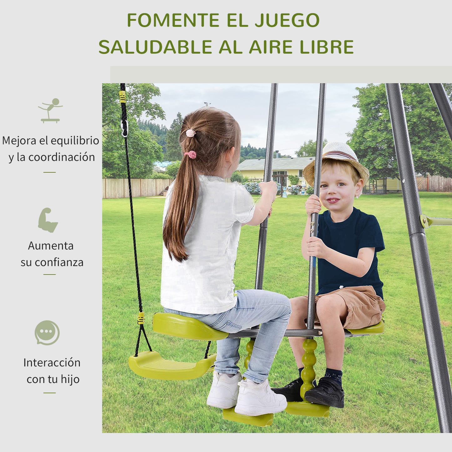 HOMCOM Set de Columpio Infantil al Aire Libre con Columpio y Balancín Doble Plaza Juguetes Exterior Adecuado para +3 Años 245x138x180cm Verde y Gris