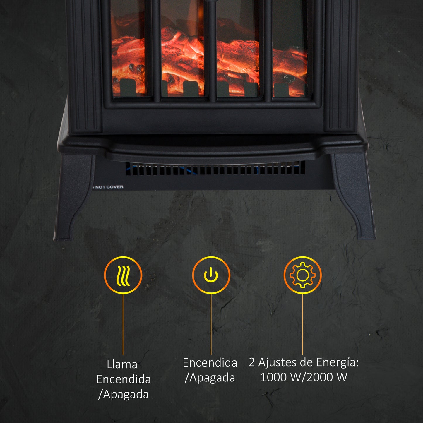 HOMCOM Chimenea Eléctrica 1000 W/2000 W Chimenea Decorativa con Temperatura Ajustable LED Llamas y Protección Sobrecalentamiento para 15-20 ㎡ 36,5x24x46 cm Negro