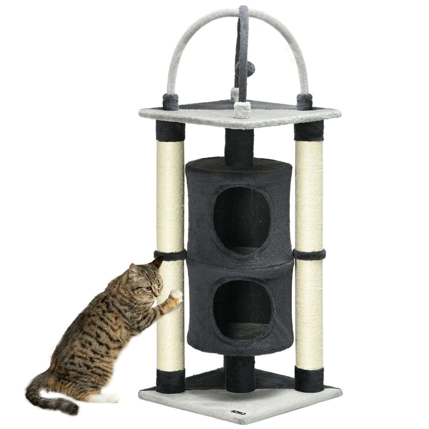 PawHut Árbol para Gatos Altura 114 cm Barril Rascador para Gatos de 2 Niveles con Plataforma Postes de Yute y Bola Colgante 39x39x114 cm Gris