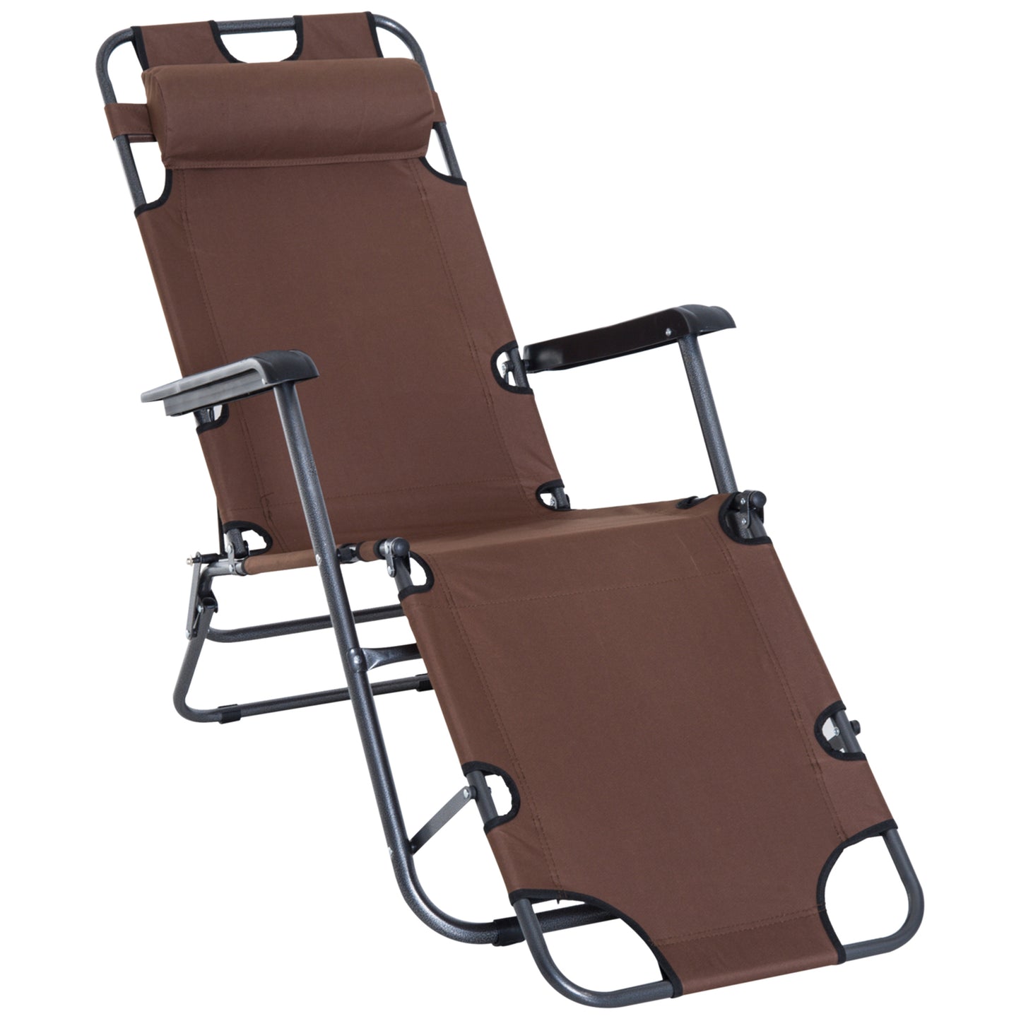 Outsunny Tumbona Reclinable y Plegable Silla de Playa Tumbona Relax Plegable con Respaldo Ajustable Reposabrazos Almohada y Reposapiés para Jardín Balcón Carga 136 kg 135x60x89 cm Marrón