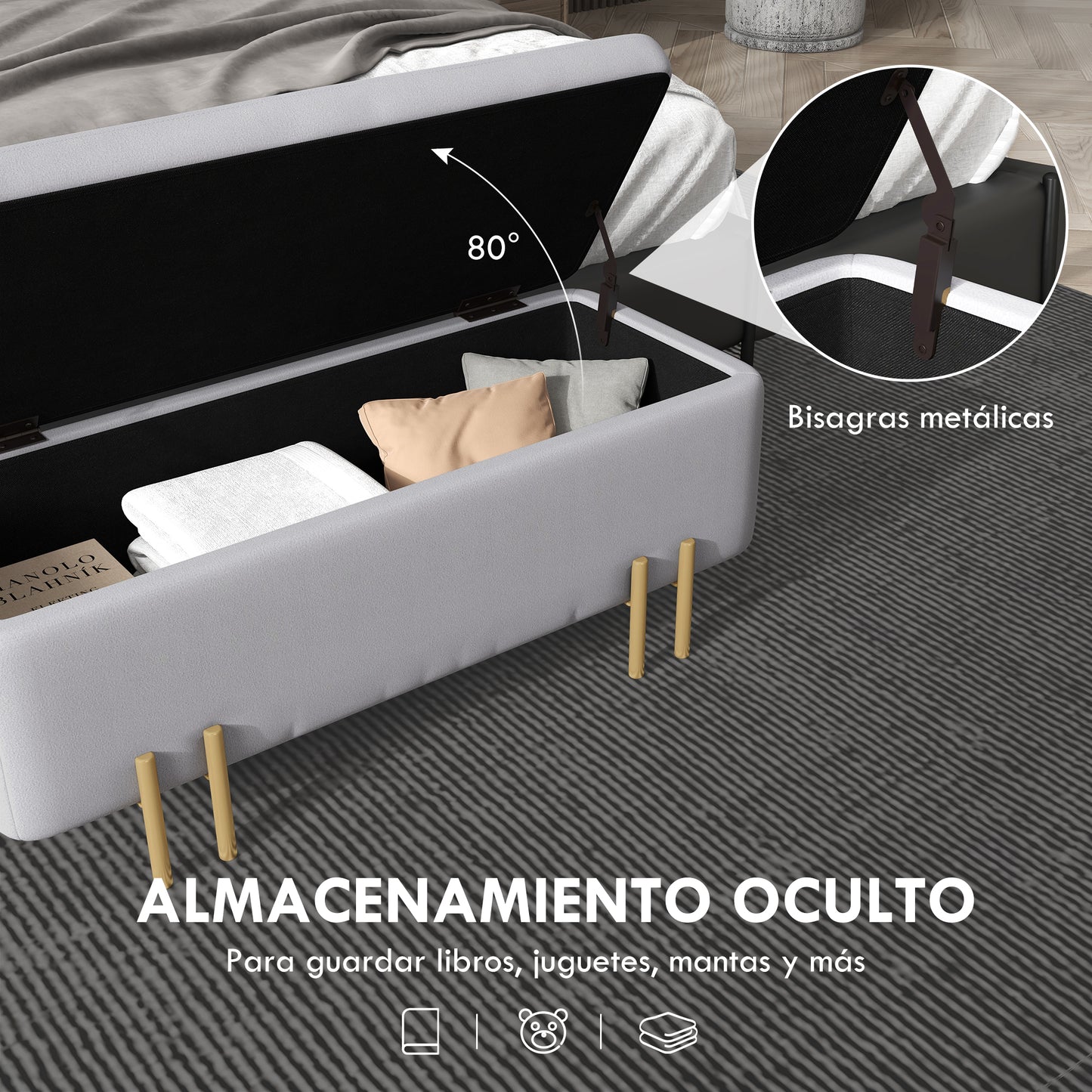 HOMCOM Baúl de Almacenaje para Dormitorio 70L Puff Almacenaje Tapizado en Terciopelo Banco de Almacenaje con Patas de Metal para Entrada Salón 100x40x42 cm Gris Claro