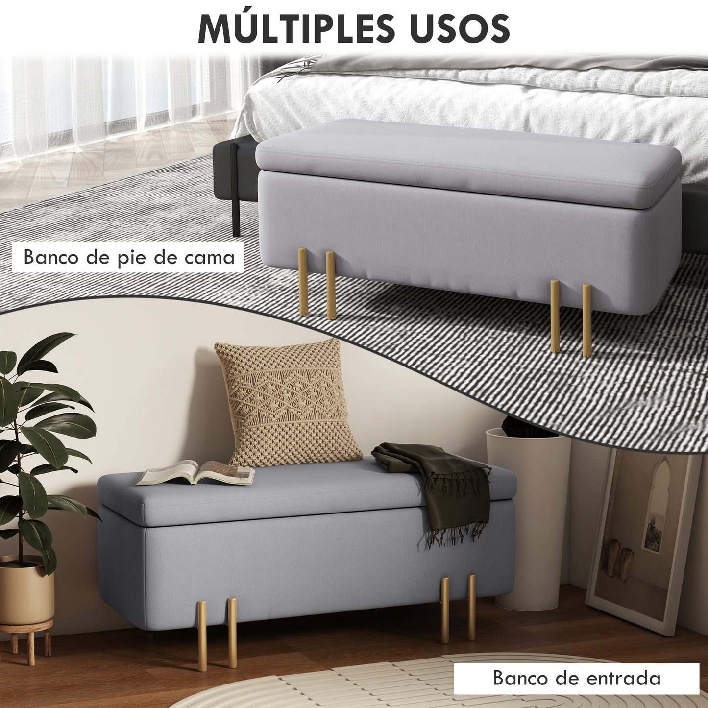 HOMCOM Baúl de Almacenaje para Dormitorio 70L Puff Almacenaje Tapizado en Terciopelo Banco de Almacenaje con Patas de Metal para Entrada Salón 100x40x42 cm Gris Claro