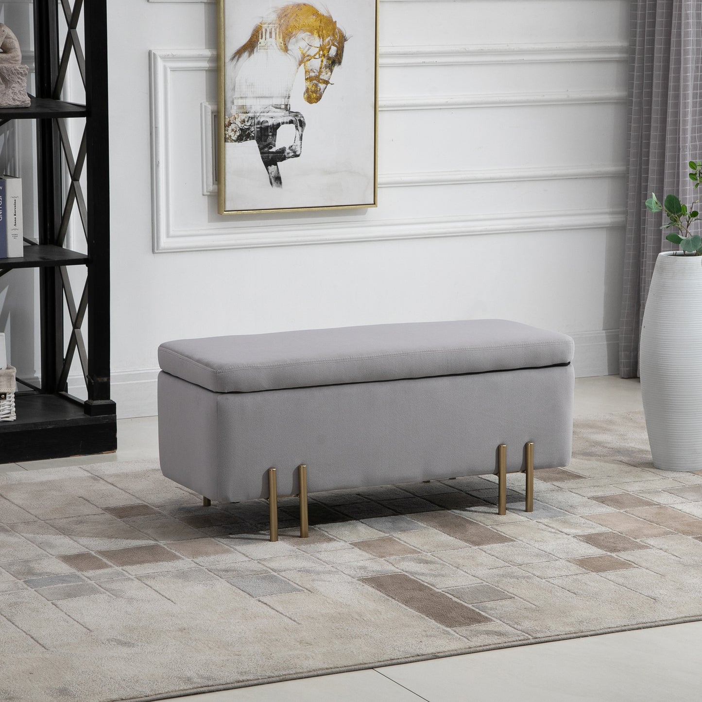 HOMCOM Baúl de Almacenaje para Dormitorio 70L Puff Almacenaje Tapizado en Terciopelo Banco de Almacenaje con Patas de Metal para Entrada Salón 100x40x42 cm Gris Claro