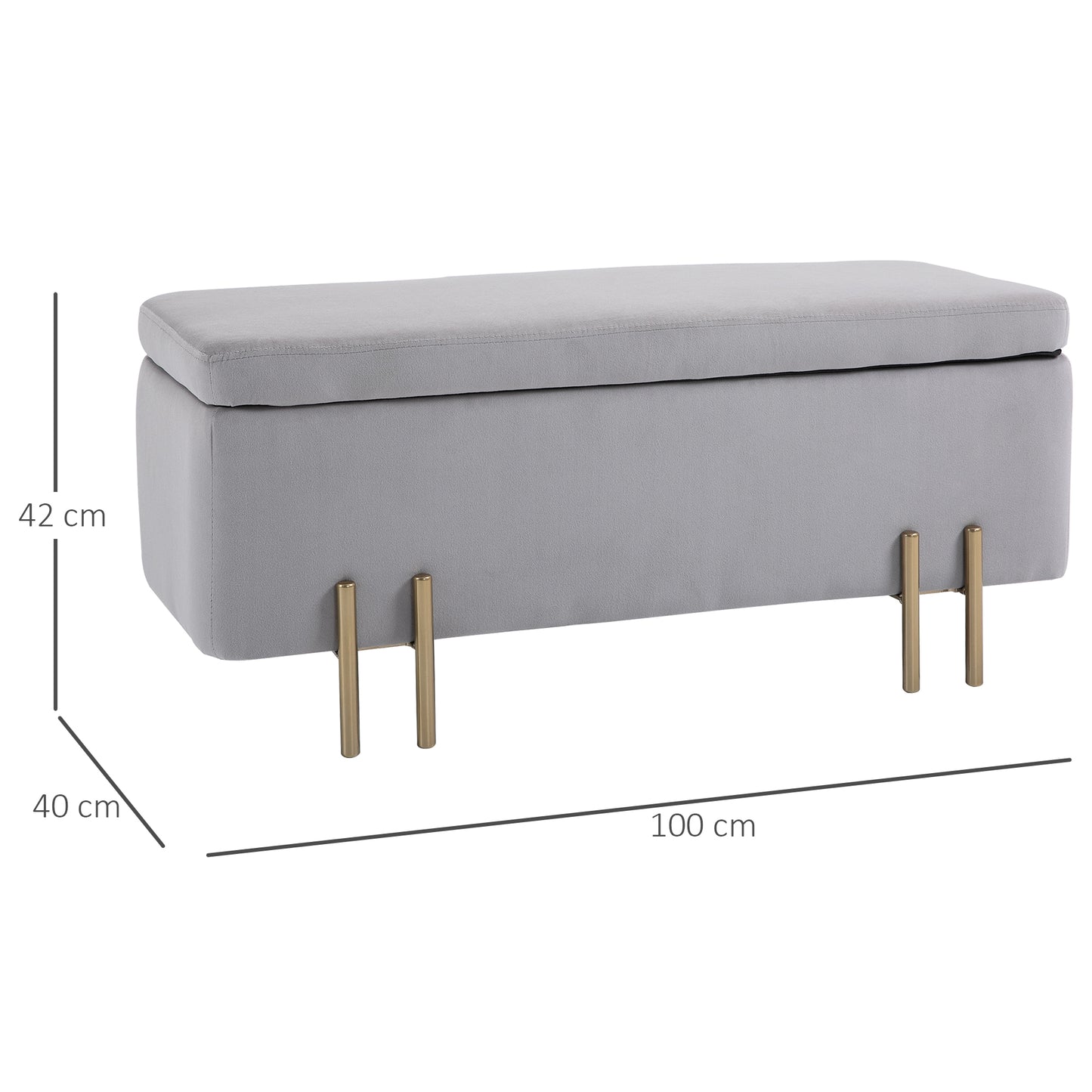 HOMCOM Baúl de Almacenaje para Dormitorio 70L Puff Almacenaje Tapizado en Terciopelo Banco de Almacenaje con Patas de Metal para Entrada Salón 100x40x42 cm Gris Claro