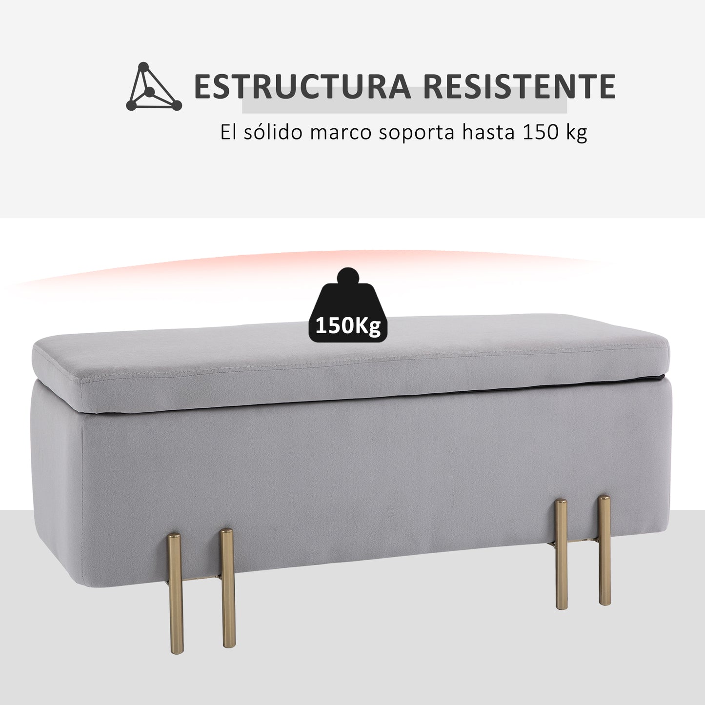 HOMCOM Baúl de Almacenaje para Dormitorio 70L Puff Almacenaje Tapizado en Terciopelo Banco de Almacenaje con Patas de Metal para Entrada Salón 100x40x42 cm Gris Claro