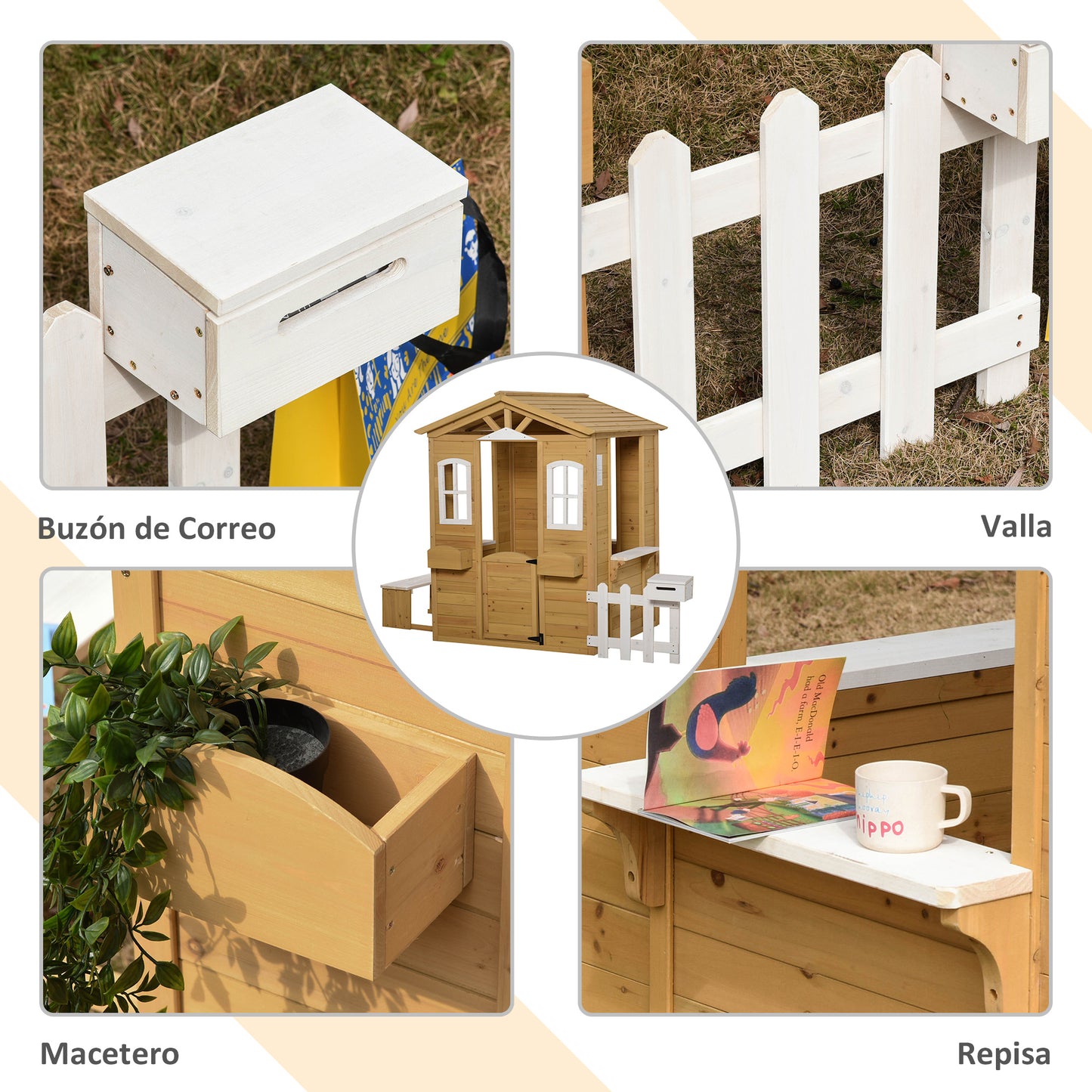 Outsunny Casita Infantil de Exterior a Partir de 3 Años Casa de Juegos de Madera con Buzón Banco 204x107x140 cm para Exterior Interior Color Madera Natural