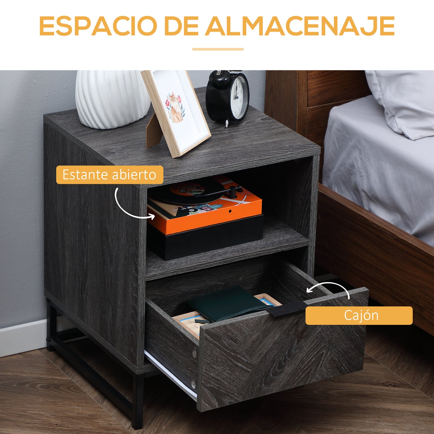 HOMCOM Conjunto de 2 Mesitas de Noche Mesillas de Noche con 1 Cajón Estante Abierto y Patas de Acero Estilo Industrial para Dormitorio Salón Oficina 40x40x52 cm Gris Oscuro