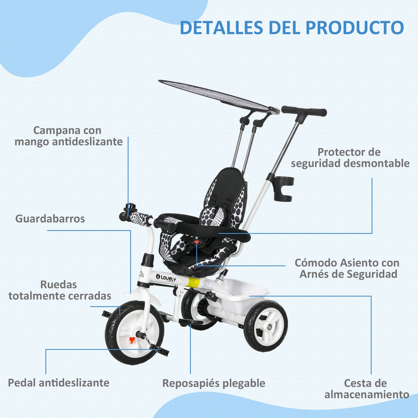 HOMCOM Triciclo para Bebés 6 en 1 Triciclo Evolutivo para Niños de +12 Meses con Toldo Plegable Mango de Empuje Telescópico y Desmontable Asiento Ajustable Cesto y Portabotellas Blanco