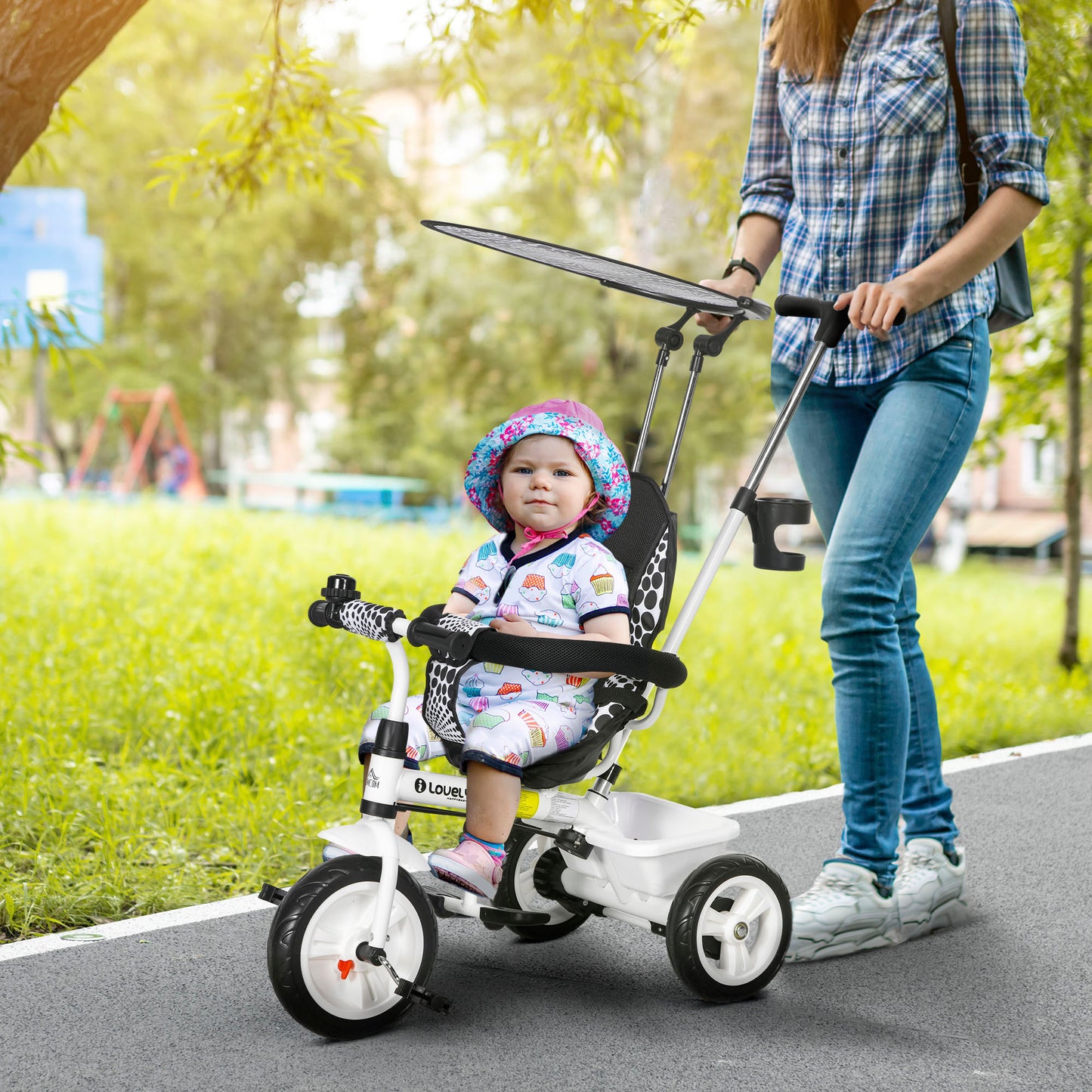 HOMCOM Triciclo para Bebés 6 en 1 Triciclo Evolutivo para Niños de +12 Meses con Toldo Plegable Mango de Empuje Telescópico y Desmontable Asiento Ajustable Cesto y Portabotellas Blanco