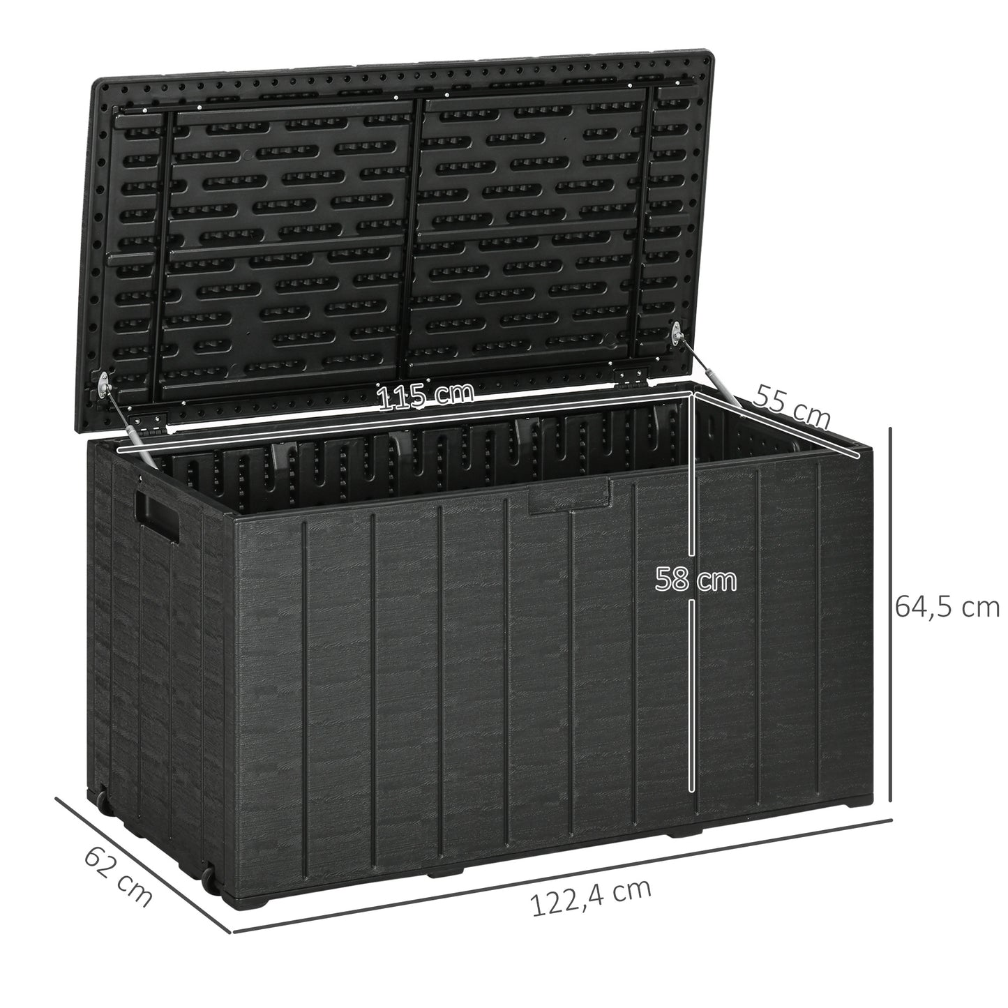 Outsunny Baúl de Almacenamiento Exterior 366L Arcón para Jardín de Plástico de Doble Pared con Ruedas y Asas para Terraza Patio Carga 100 kg 122,4x62x64,5 cm Negro