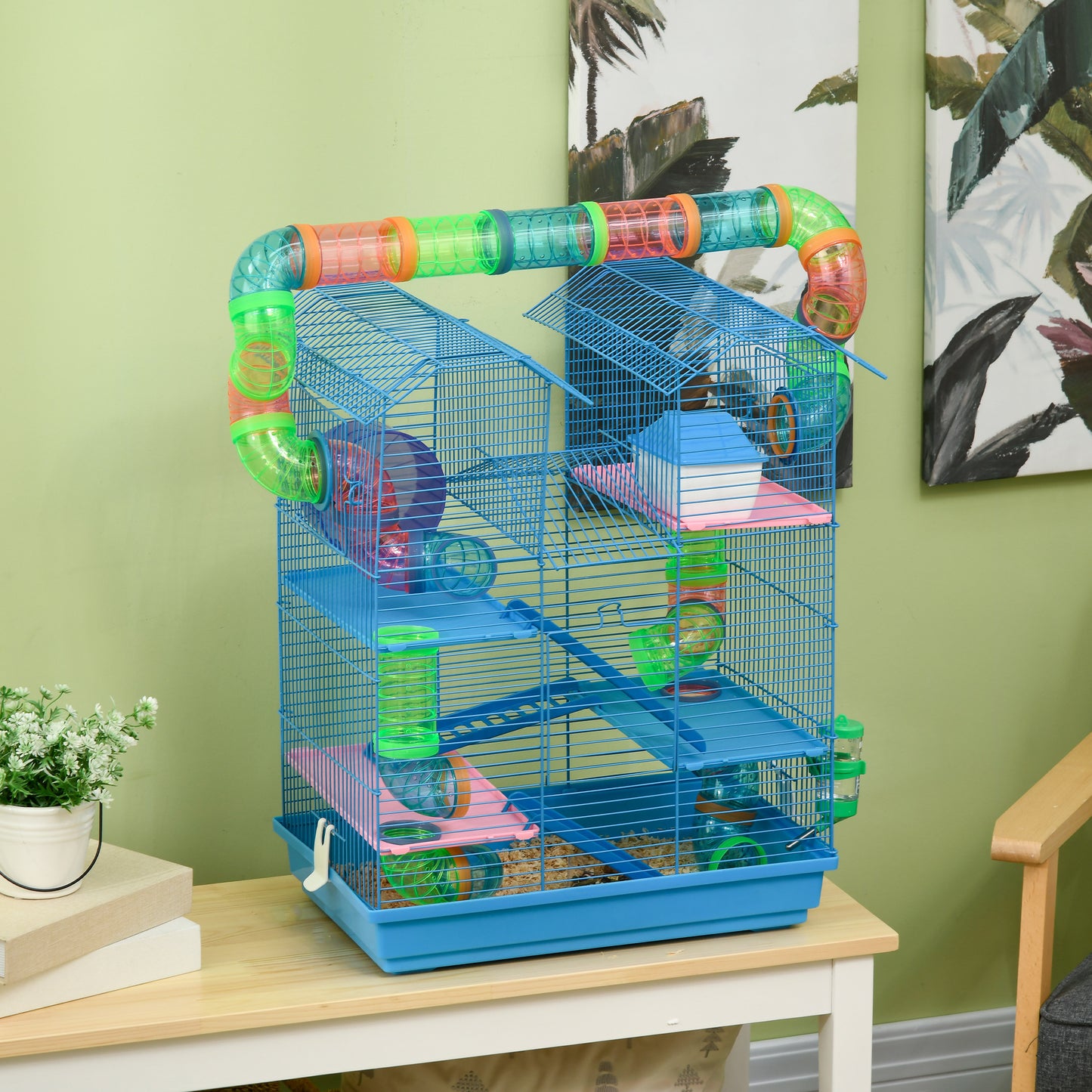 PawHut Jaula para Hámster Hábitat para Animales Pequeños de Múltiples Niveles con 4 Plataformas Cuenco de Comida Bebedero Rueda de Ejercicio Escaleras Sistema de Tubos 47x30x59 cm Azul