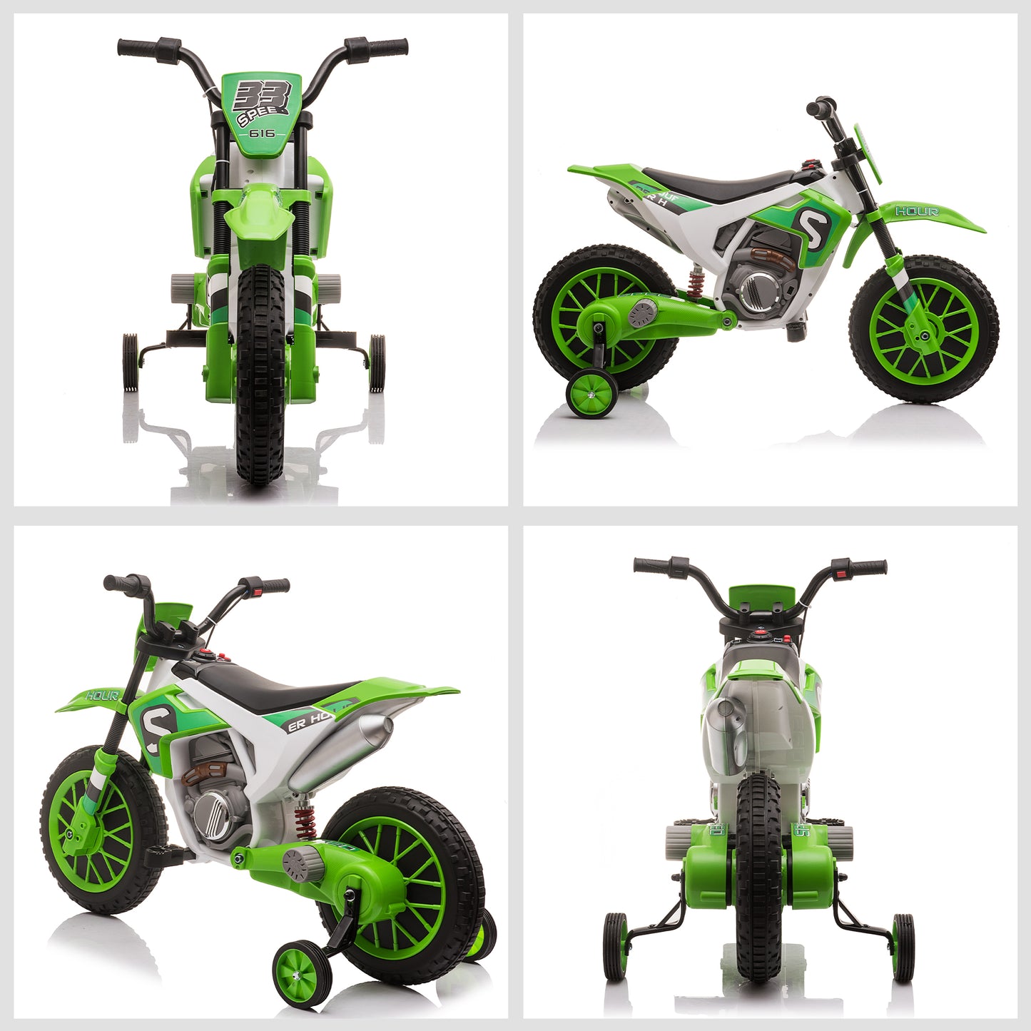 HOMCOM Moto Eléctrica para Niños de +3 Años 12V Moto de Juguete Infantil con 2 Ruedas de Equilibrio Velocidad Máx. 8 km/h Arranque Suave 106,5x51,5x68 cm Verde