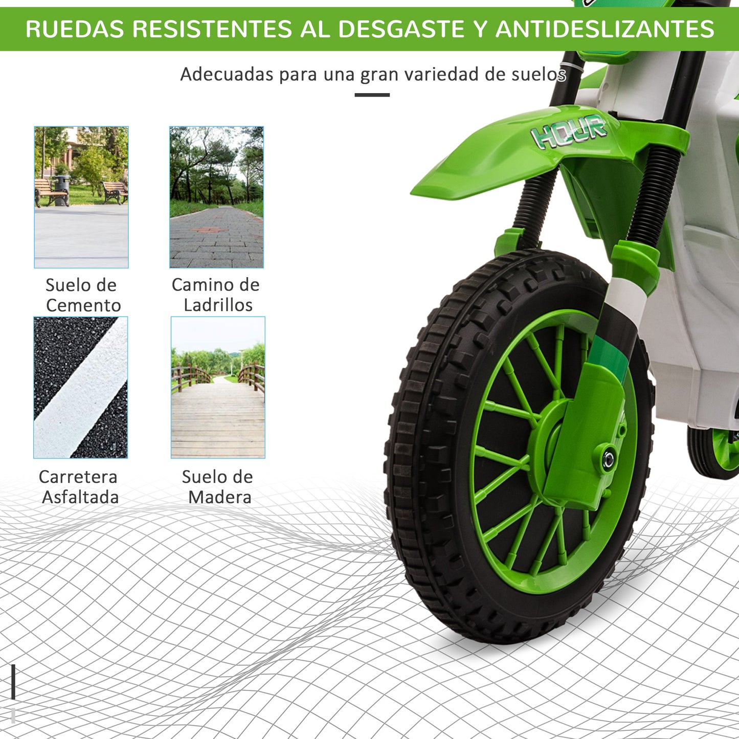 HOMCOM Moto Eléctrica para Niños de +3 Años 12V Moto de Juguete Infantil con 2 Ruedas de Equilibrio Velocidad Máx. 8 km/h Arranque Suave 106,5x51,5x68 cm Verde