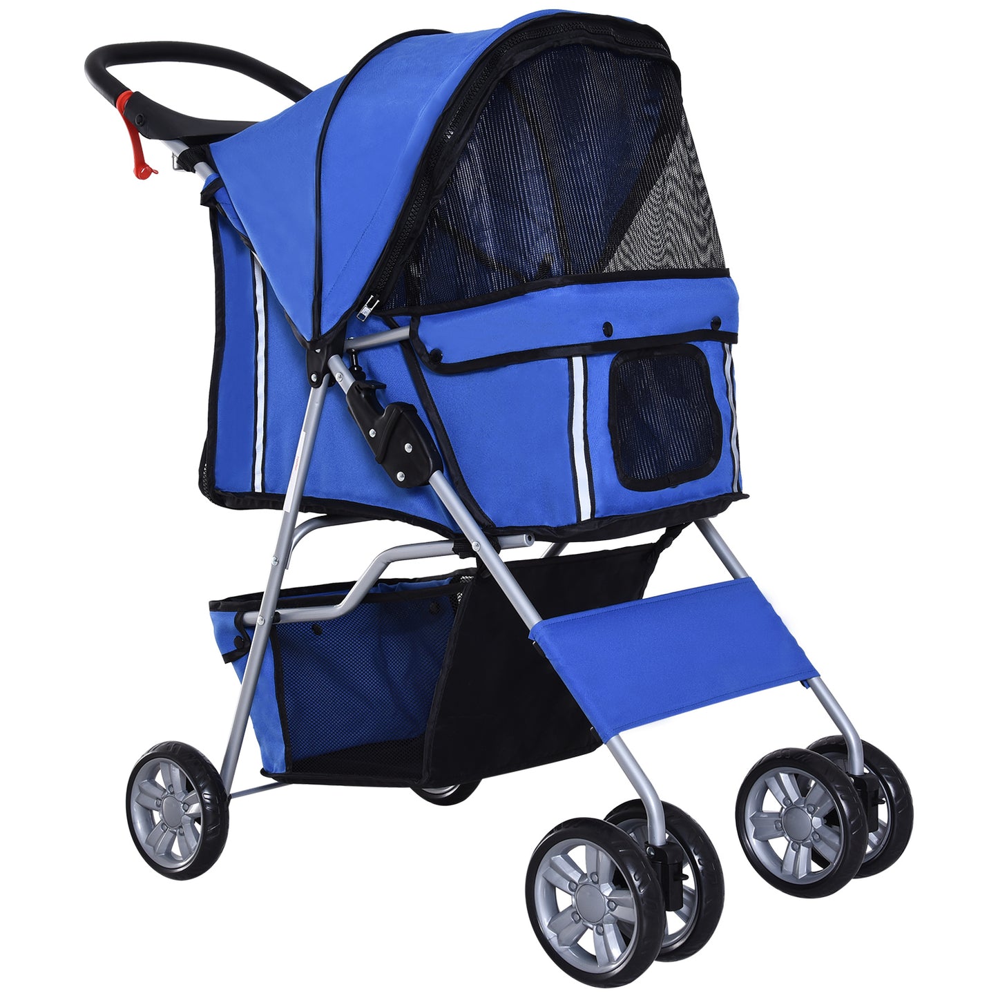 PawHut Carrito para Perros Plegable Cochecito para Mascotas Carrito para Perros Pequeños con Toldo Ajustable Cesta de Almacenaje Ventanas de Malla Portavasos y 2 Ruedas 75x45x97 cm Azul