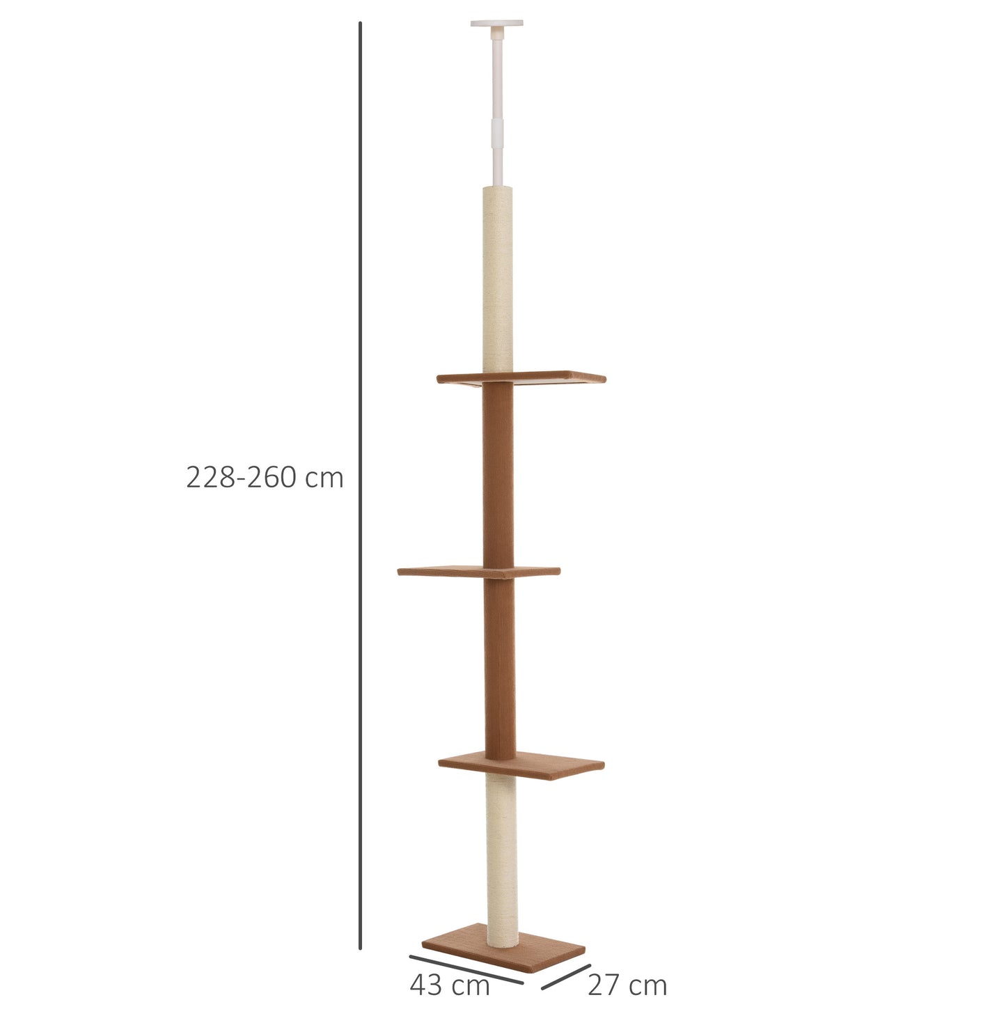 PawHut Árbol para Gatos Rascador 43x27x228-260 cm de Suelo a Techo para Gatos Ajustable en Altura con 4 Plataformas Espaciosas Poste de Sisal Natural Marrón