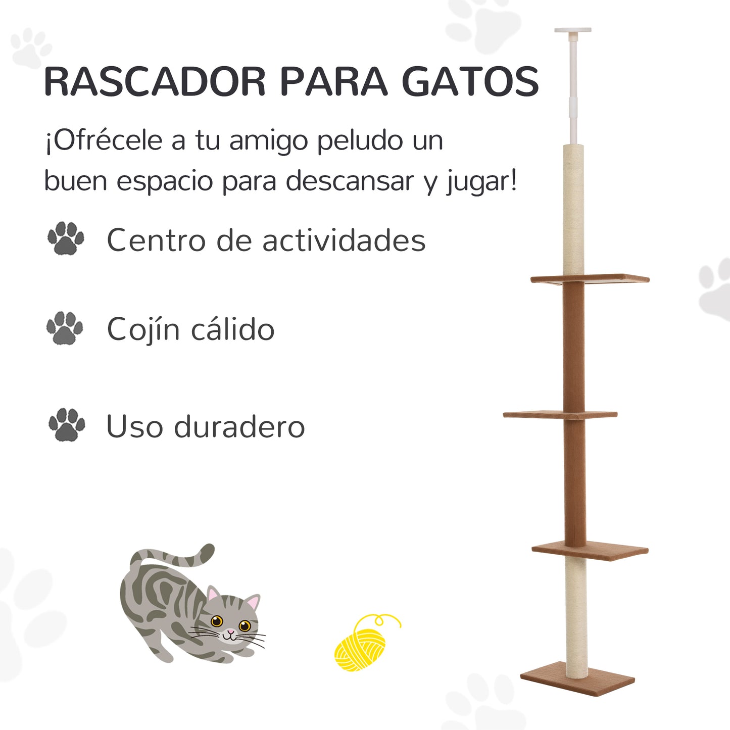 PawHut Árbol para Gatos Rascador 43x27x228-260 cm de Suelo a Techo para Gatos Ajustable en Altura con 4 Plataformas Espaciosas Poste de Sisal Natural Marrón