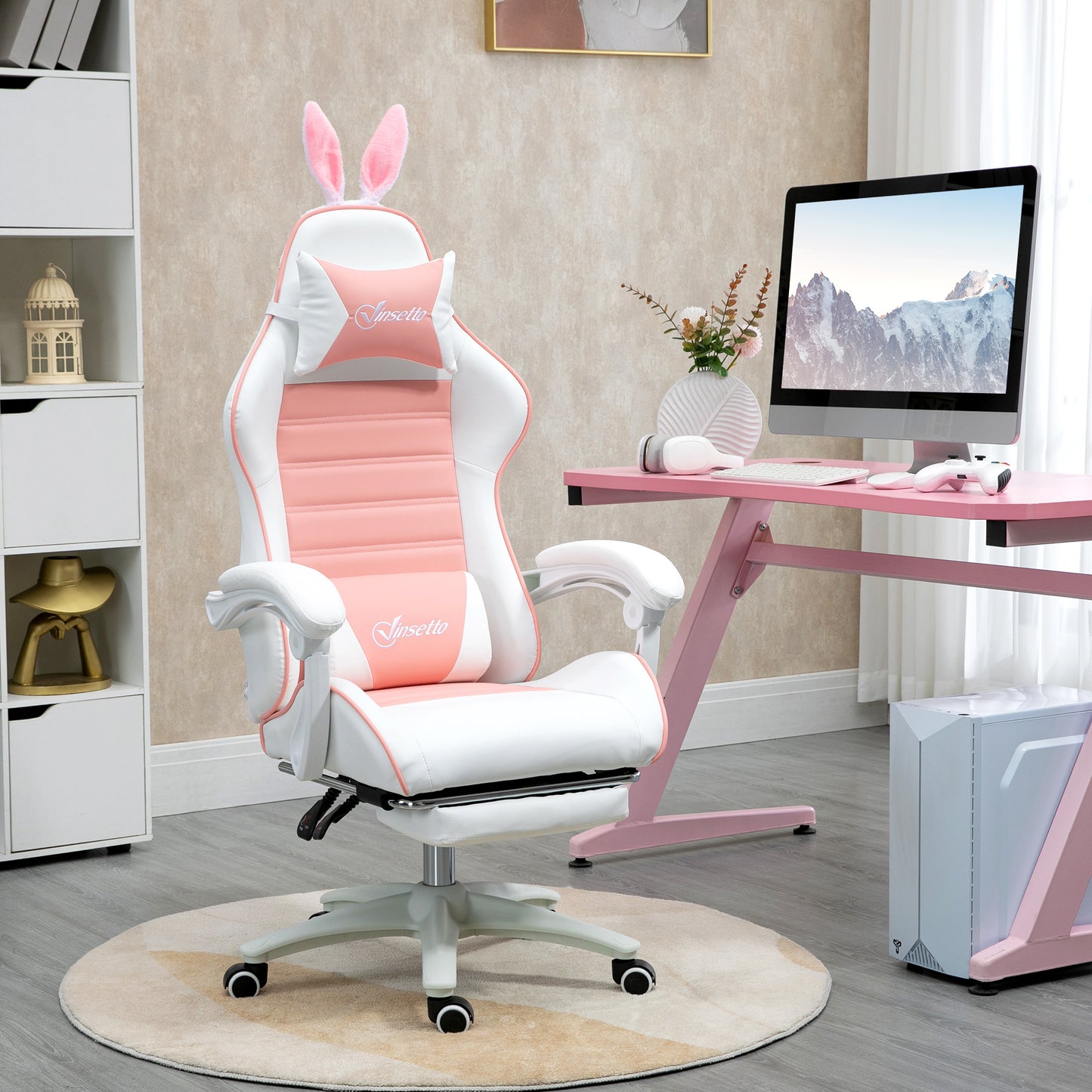 Vinsetto Silla Gaming Profesional Silla Gamer Racing Giratoria de Cuero PU con Altura Ajustable Inclinable 135° Reposacabezas y Reposapiés para Oficina Estudio 65x63x136-142 cm Rosa y Blanco