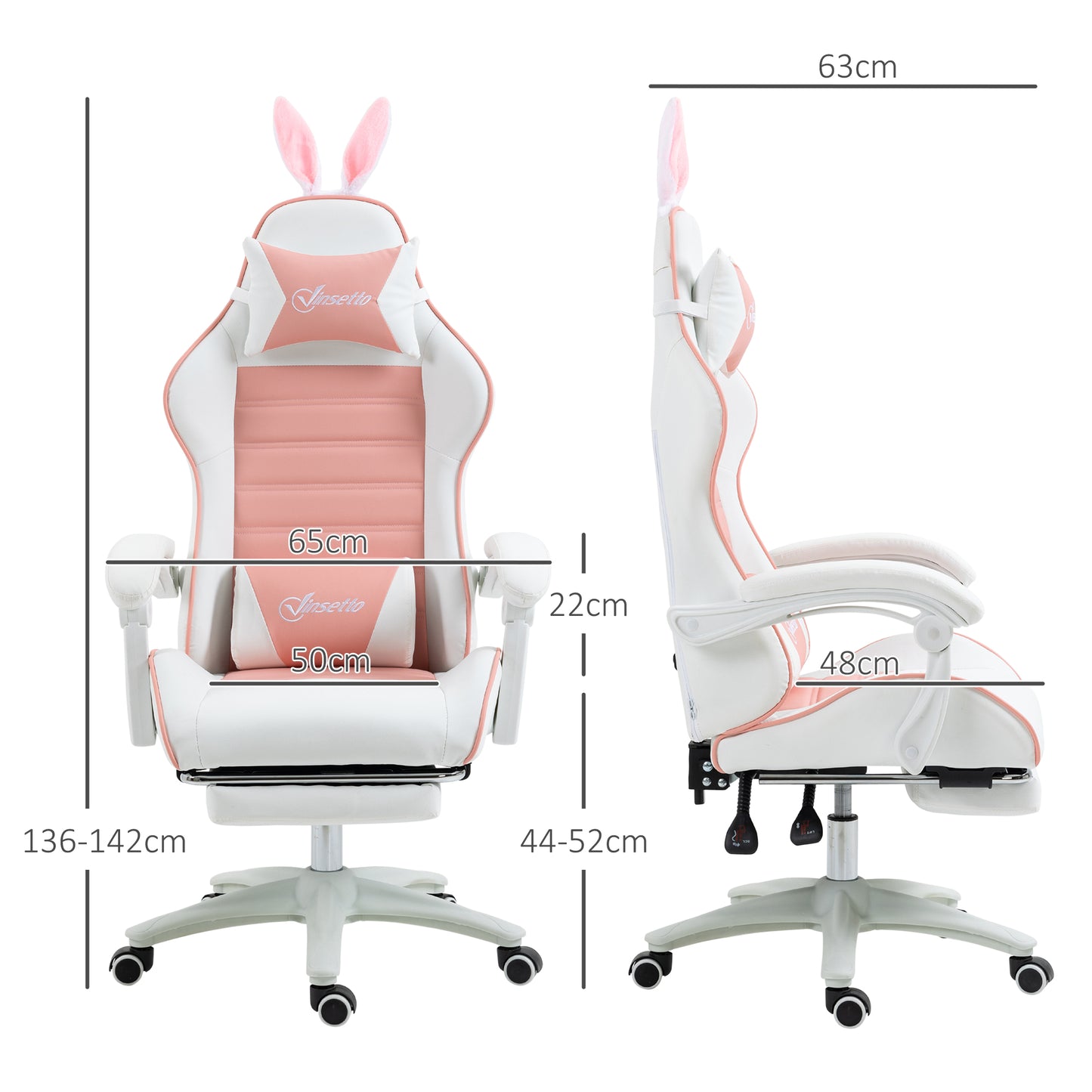 Vinsetto Silla Gaming Profesional Silla Gamer Racing Giratoria de Cuero PU con Altura Ajustable Inclinable 135° Reposacabezas y Reposapiés para Oficina Estudio 65x63x136-142 cm Rosa y Blanco