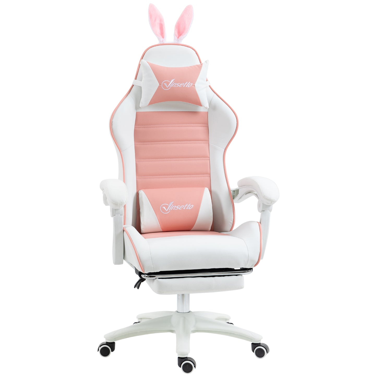 Vinsetto Silla Gaming Profesional Silla Gamer Racing Giratoria de Cuero PU con Altura Ajustable Inclinable 135° Reposacabezas y Reposapiés para Oficina Estudio 65x63x136-142 cm Rosa y Blanco