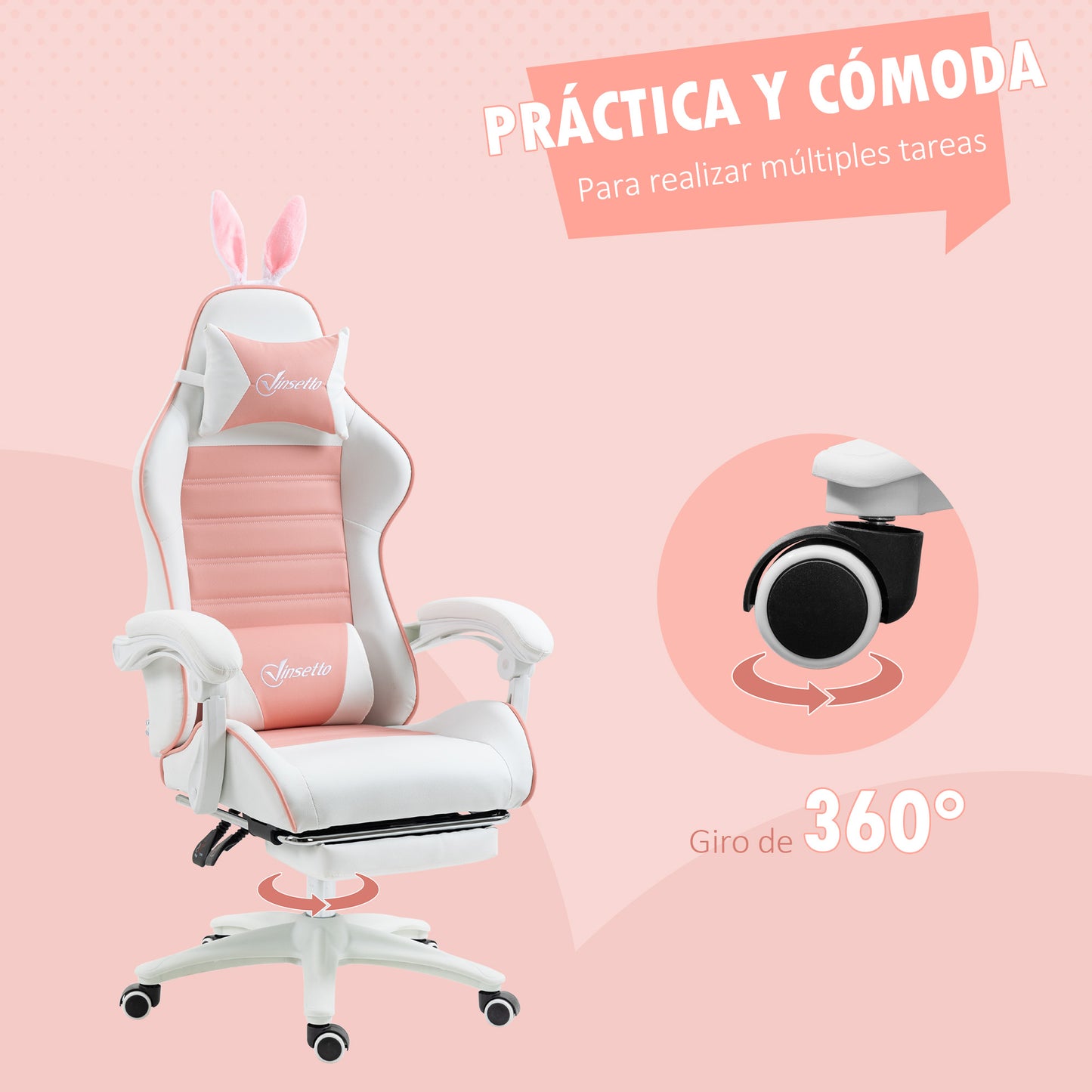 Vinsetto Silla Gaming Profesional Silla Gamer Racing Giratoria de Cuero PU con Altura Ajustable Inclinable 135° Reposacabezas y Reposapiés para Oficina Estudio 65x63x136-142 cm Rosa y Blanco