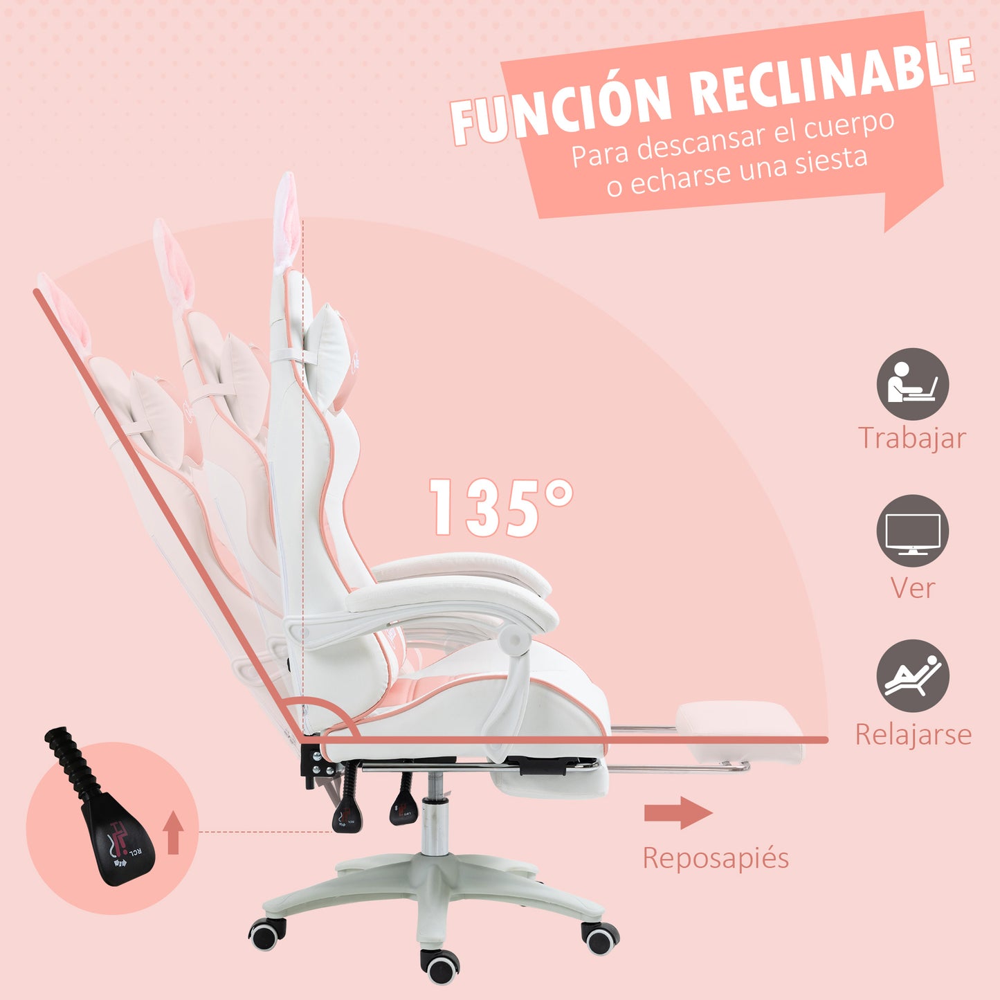 Vinsetto Silla Gaming Profesional Silla Gamer Racing Giratoria de Cuero PU con Altura Ajustable Inclinable 135° Reposacabezas y Reposapiés para Oficina Estudio 65x63x136-142 cm Rosa y Blanco