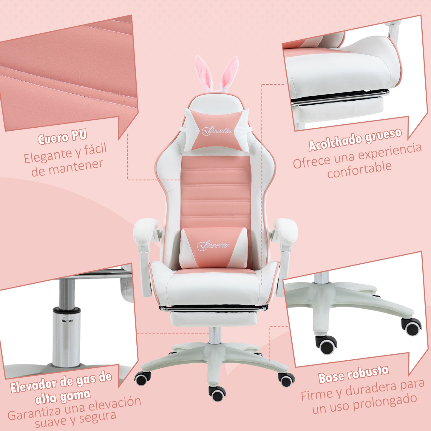 Vinsetto Silla Gaming Profesional Silla Gamer Racing Giratoria de Cuero PU con Altura Ajustable Inclinable 135° Reposacabezas y Reposapiés para Oficina Estudio 65x63x136-142 cm Rosa y Blanco