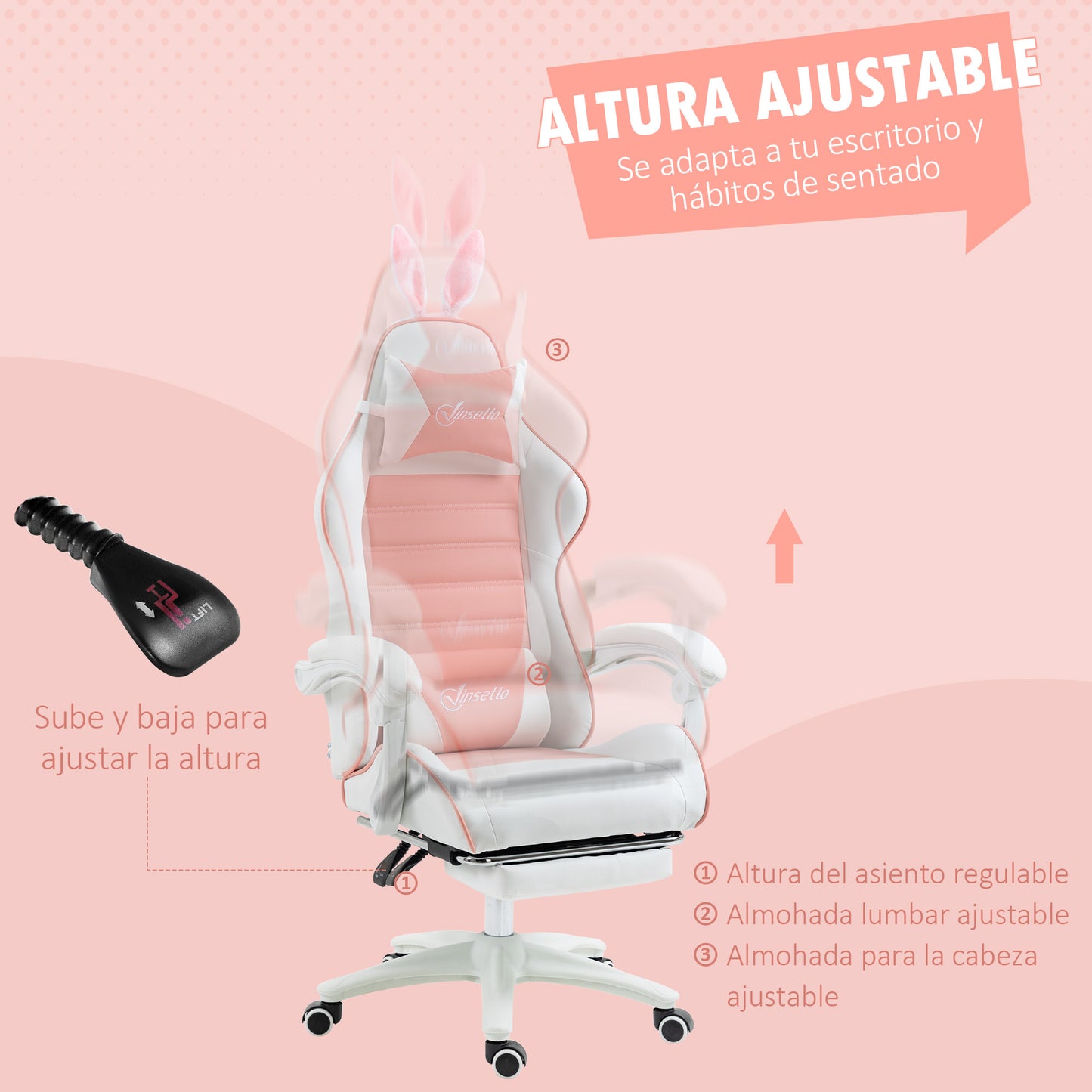 Vinsetto Silla Gaming Profesional Silla Gamer Racing Giratoria de Cuero PU con Altura Ajustable Inclinable 135° Reposacabezas y Reposapiés para Oficina Estudio 65x63x136-142 cm Rosa y Blanco