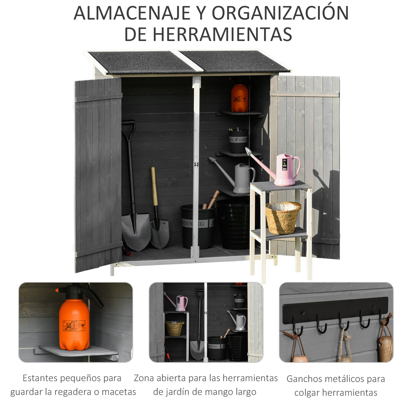 Outsunny Caseta de Jardín de Madera 139x75x160 cm Cobertizo para Almacenaje de Herramientas con Estantería Movible Puertas con Cerrojo Techo Asfáltico Gris