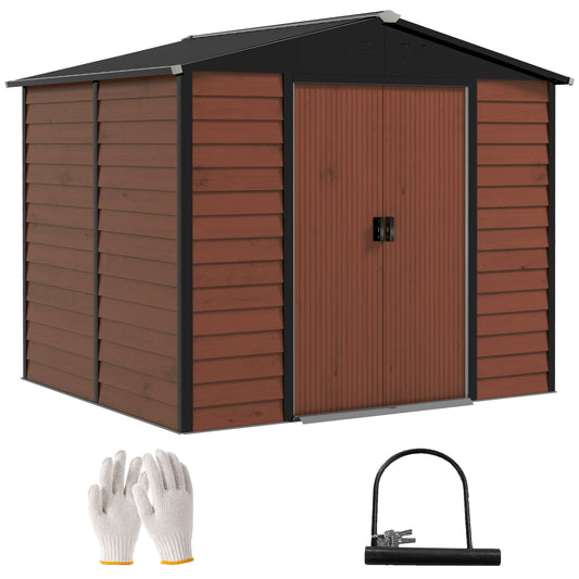 Outsunny Caseta de Jardín Exterior 4,4 m² 240x206x198 cm Cobertizo de Jardín Exterior con Suelo Puerta Corredera y Cerradura Armario para Jardín Terraza Patio Teca