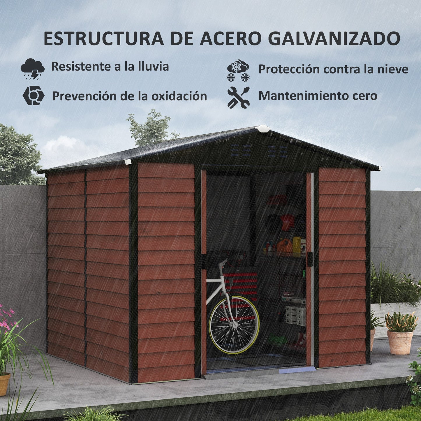 Outsunny Caseta de Jardín Exterior 4,4 m² 240x206x198 cm Cobertizo de Jardín Exterior con Suelo Puerta Corredera y Cerradura Armario para Jardín Terraza Patio Teca