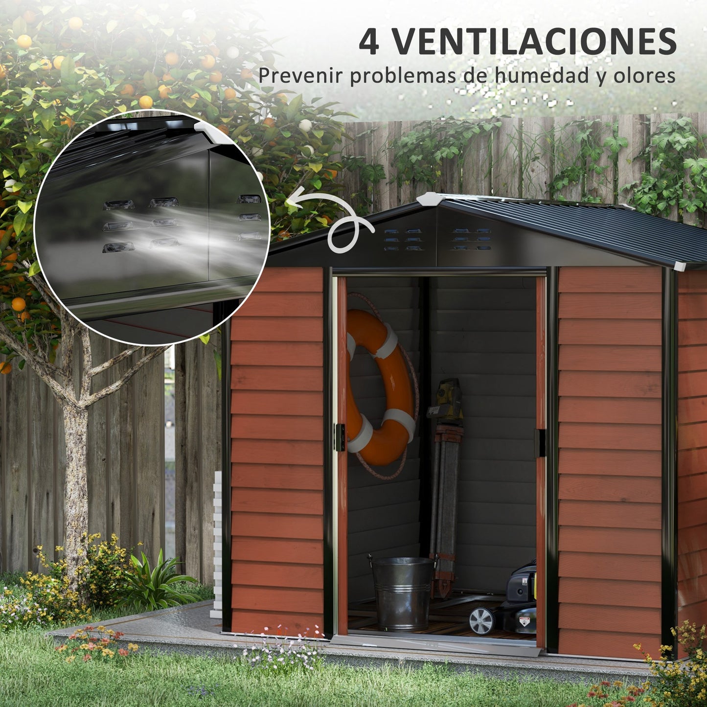 Outsunny Caseta de Jardín Exterior 4,4 m² 240x206x198 cm Cobertizo de Jardín Exterior con Suelo Puerta Corredera y Cerradura Armario para Jardín Terraza Patio Teca