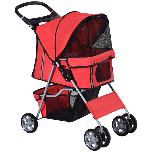 PawHut Carrito para Perros Plegable Cochecito para Mascotas Carrito para Perros Pequeños con Toldo Ajustable Cesta de Almacenaje Ventanas de Malla Portavasos y 2 Ruedas Universales 75x45x97 cm Rojo