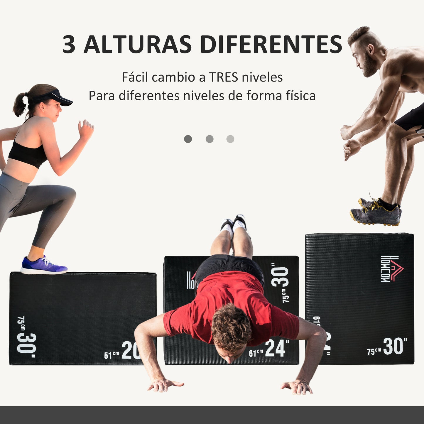 HOMCOM Caja Pliométrica 3 en 1 con Cremallera Caja de Salto con 3 Alturas Diferentes Entrenamiento de Fuerza en Casa Oficina Gimnasia CrossFit Carga 120 kg 75x51x61 cm Negro