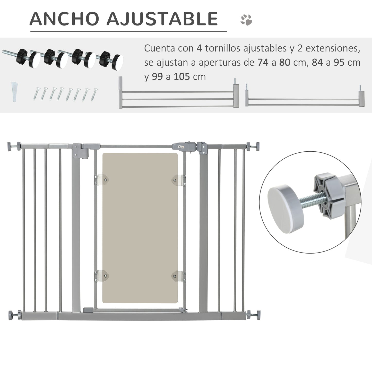 PawHut Barrera de Seguridad de Perros Extensible para Escaleras y Puertas 74-105 cm con 2 Extensiones de Acero 10/15 cm Puerta Acrílica y Cierre Automático Altura 76,2 cm Gris