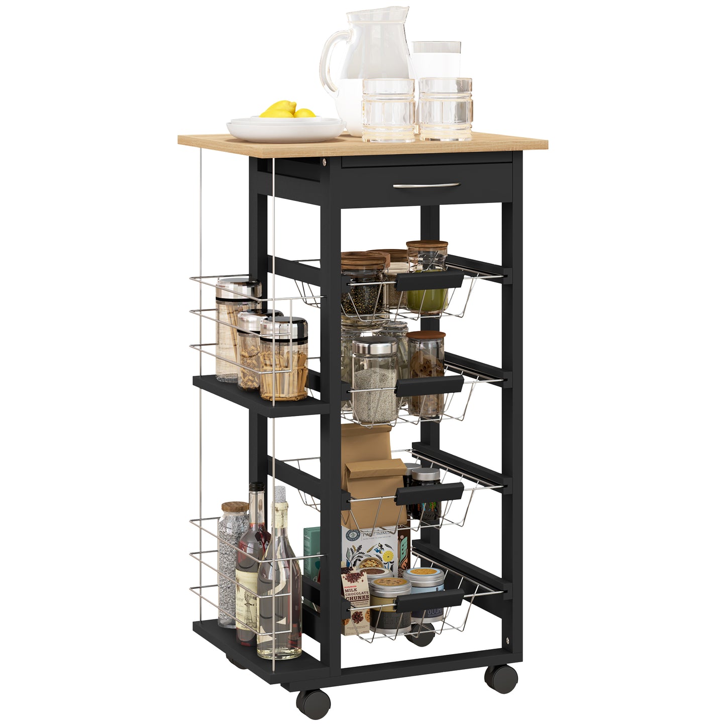 HOMCOM Carrito de Cocina con Ruedas Carrito Multiusos con Cajón 4 Cestas Extraíbles de Metal y Bastidores Laterales 47x37x83 cm Negro y Madera Natural