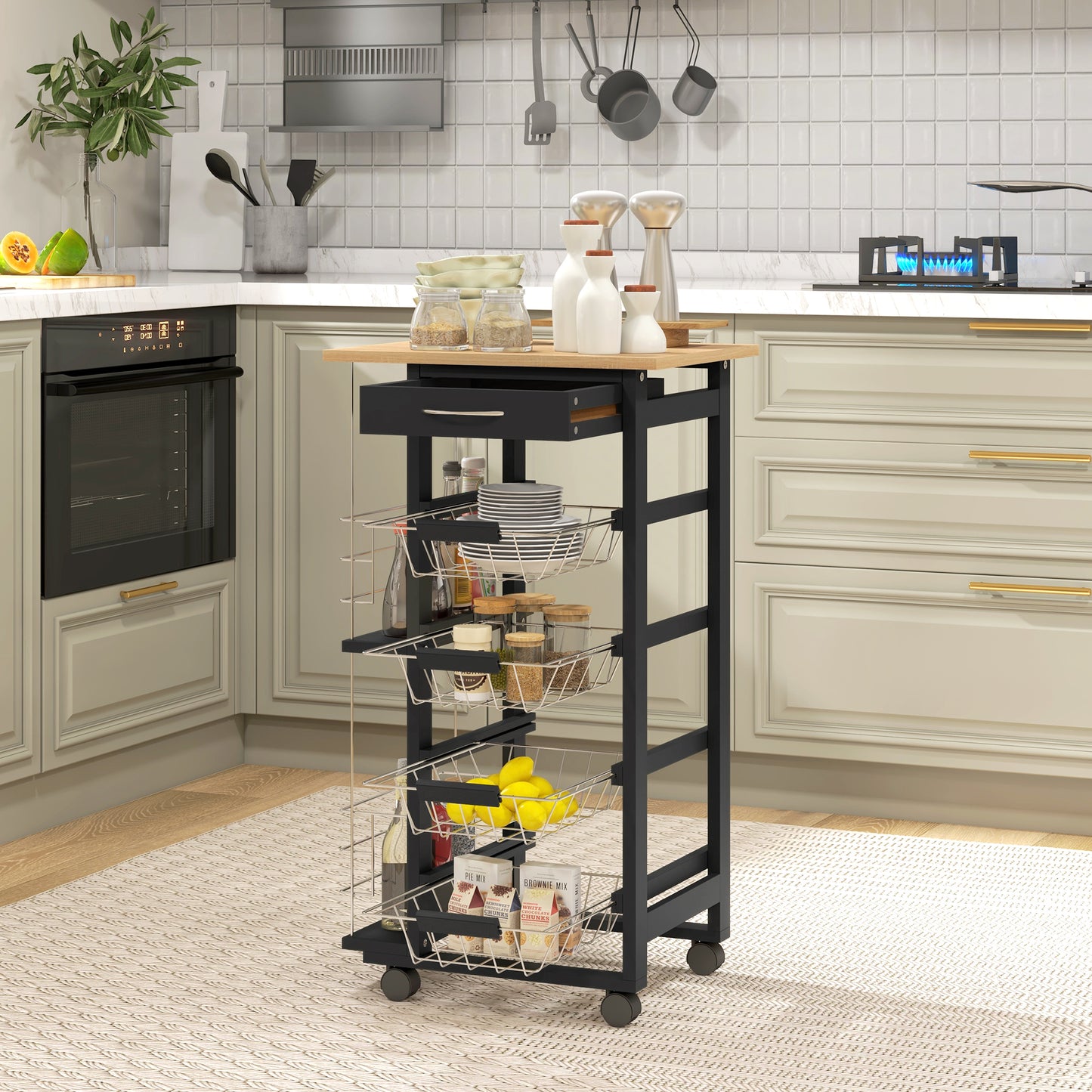 HOMCOM Carrito de Cocina con Ruedas Carrito Multiusos con Cajón 4 Cestas Extraíbles de Metal y Bastidores Laterales 47x37x83 cm Negro y Madera Natural