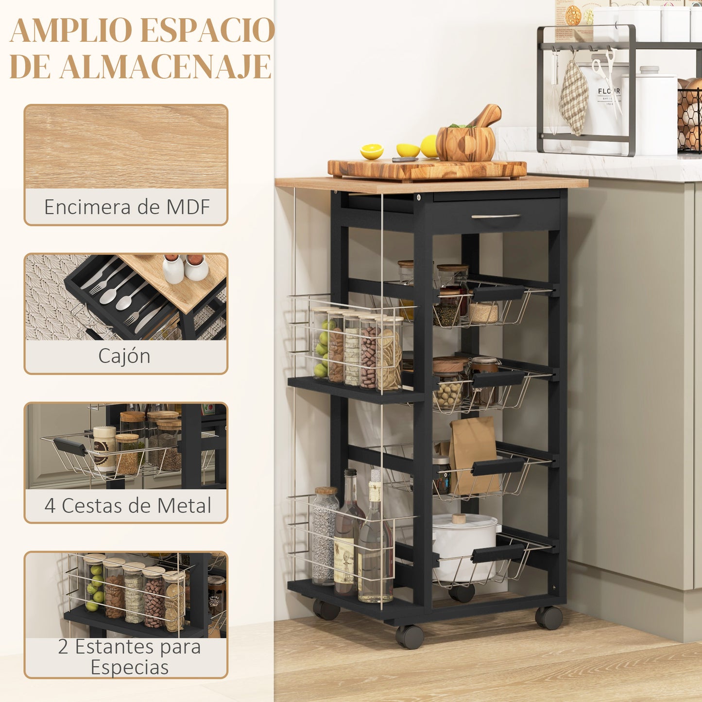 HOMCOM Carrito de Cocina con Ruedas Carrito Multiusos con Cajón 4 Cestas Extraíbles de Metal y Bastidores Laterales 47x37x83 cm Negro y Madera Natural