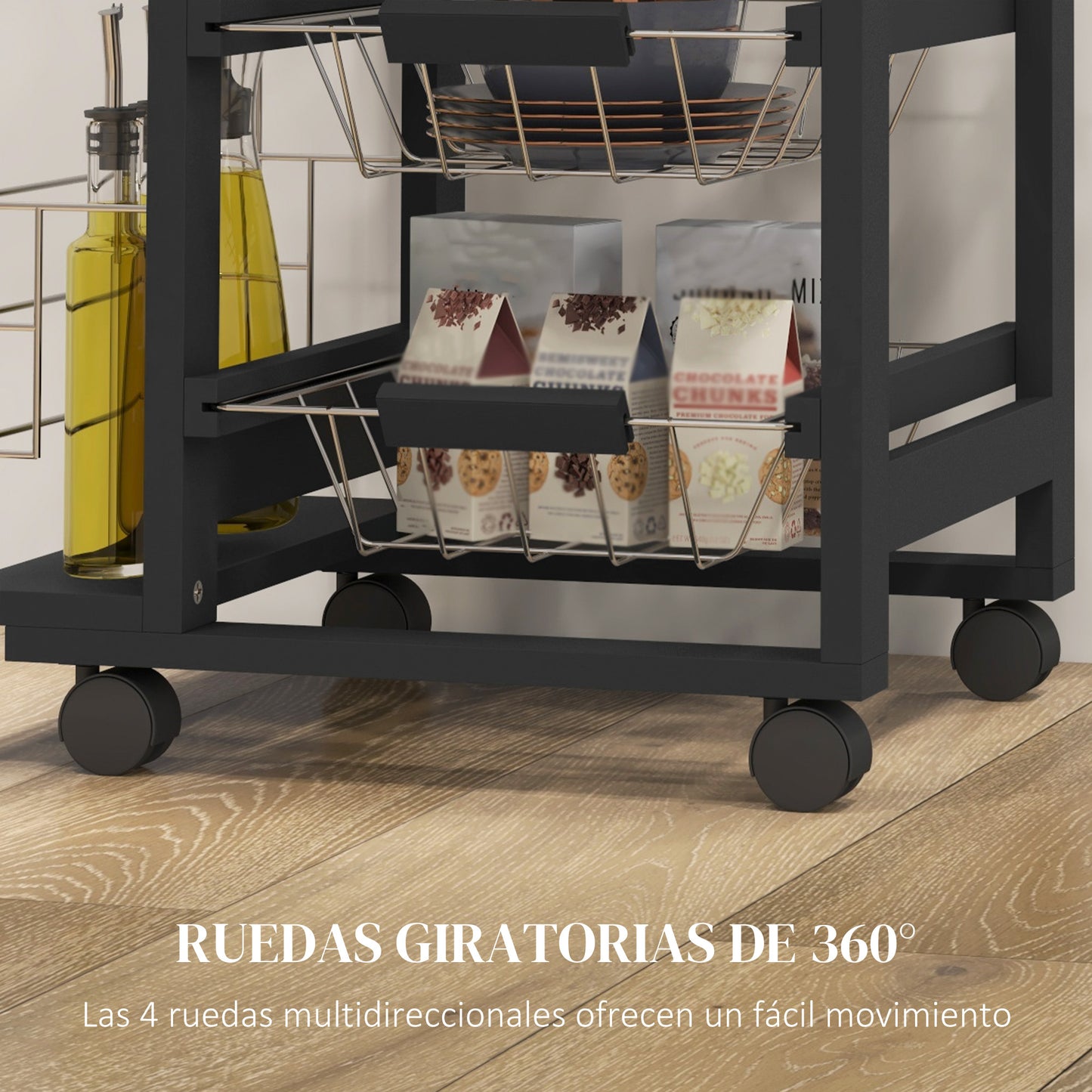 HOMCOM Carrito de Cocina con Ruedas Carrito Multiusos con Cajón 4 Cestas Extraíbles de Metal y Bastidores Laterales 47x37x83 cm Negro y Madera Natural