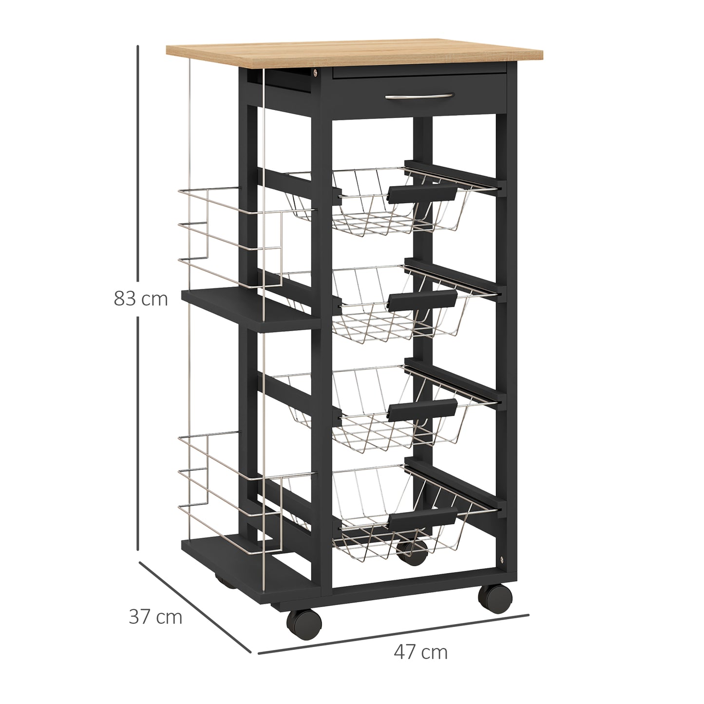 HOMCOM Carrito de Cocina con Ruedas Carrito Multiusos con Cajón 4 Cestas Extraíbles de Metal y Bastidores Laterales 47x37x83 cm Negro y Madera Natural