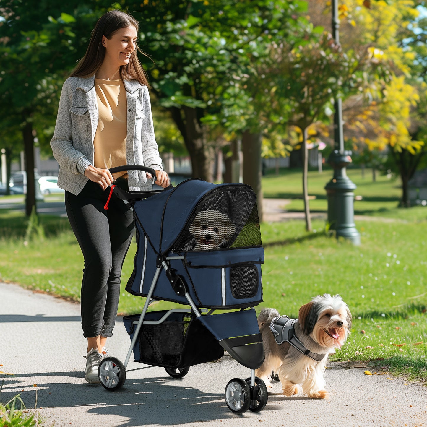 PawHut Carrito para Perros Plegable Cochecito para Mascotas Carrito para Perros Pequeños con Cesta de Almacenaje Ventanas de Malla y 2 Ruedas Universales 75x45x97 cm Azul Oscuro