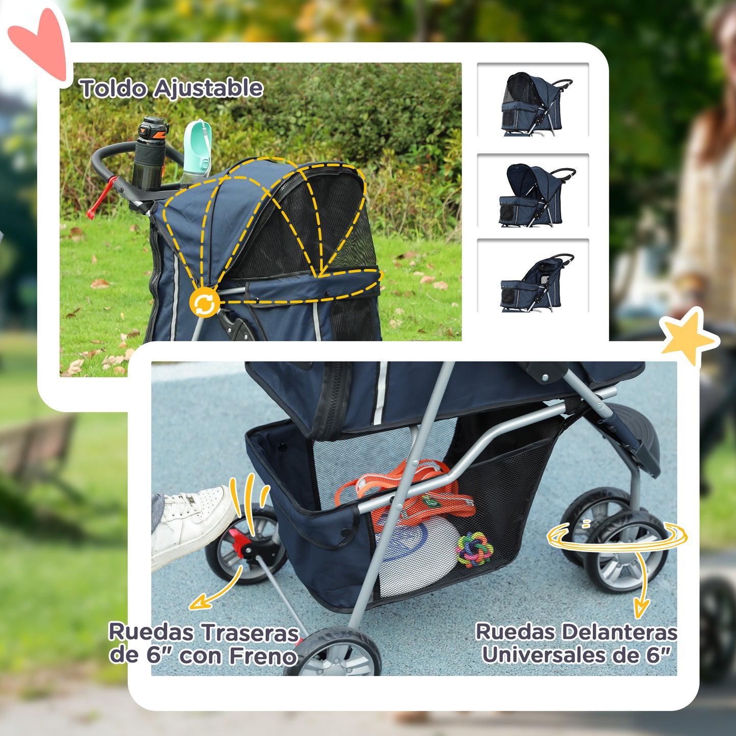 PawHut Carrito para Perros Plegable Cochecito para Mascotas Carrito para Perros Pequeños con Cesta de Almacenaje Ventanas de Malla y 2 Ruedas Universales 75x45x97 cm Azul Oscuro