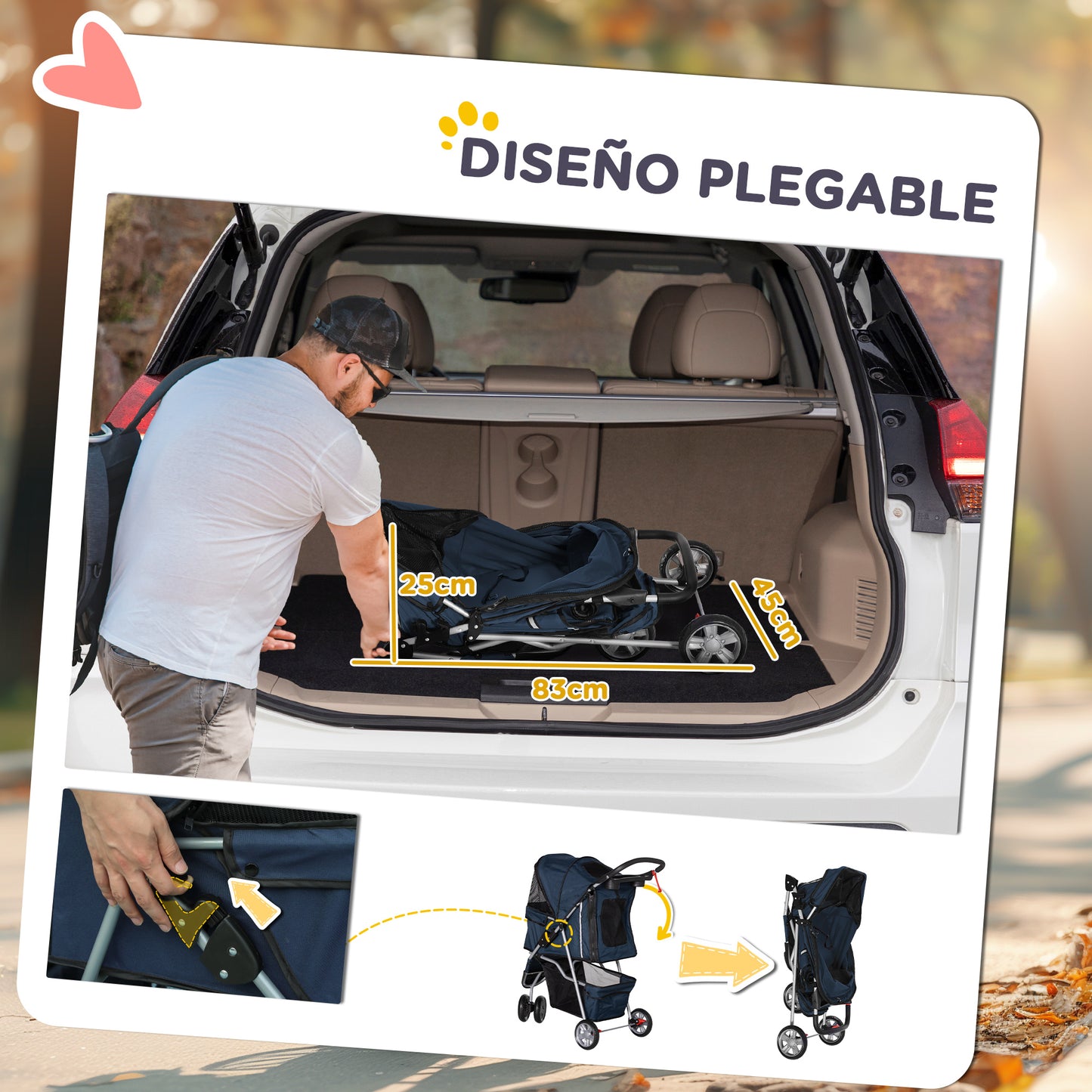 PawHut Carrito para Perros Plegable Cochecito para Mascotas Carrito para Perros Pequeños con Cesta de Almacenaje Ventanas de Malla y 2 Ruedas Universales 75x45x97 cm Azul Oscuro