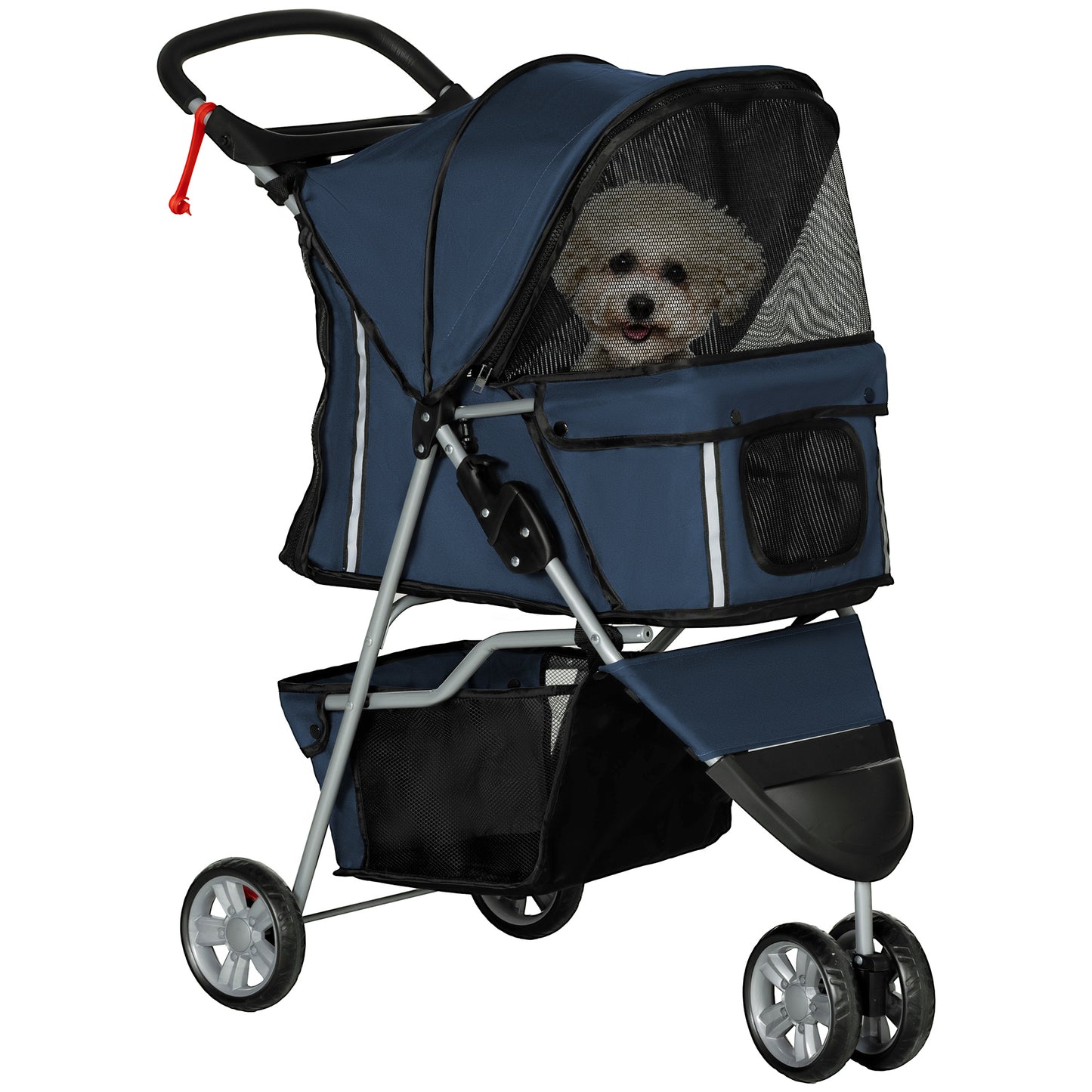 PawHut Carrito para Perros Plegable Cochecito para Mascotas Carrito para Perros Pequeños con Cesta de Almacenaje Ventanas de Malla y 2 Ruedas Universales 75x45x97 cm Azul Oscuro