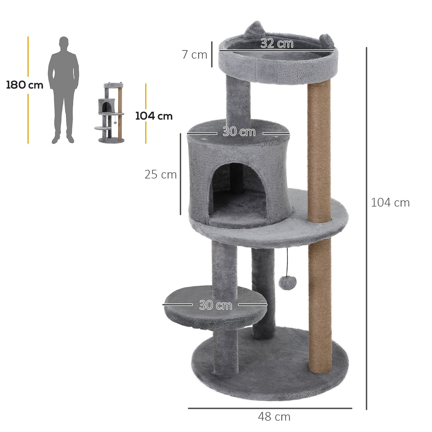 PawHut Árbol Rascador para Gatos de 104 cm Rascador para Gatos con Plataformas Refugio Postes de Sisal y Bola Colgante 48x48x104 cm Gris