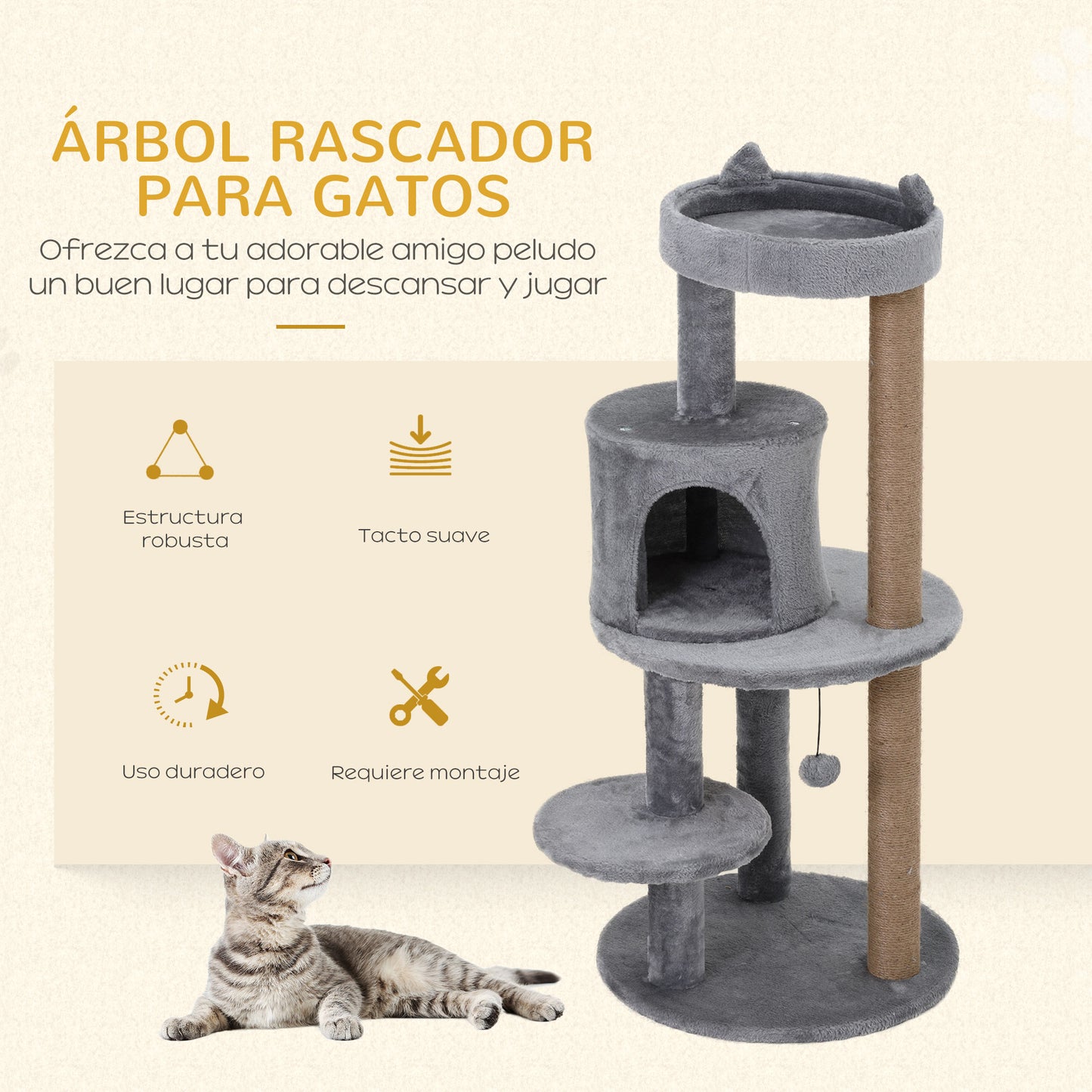 PawHut Árbol Rascador para Gatos de 104 cm Rascador para Gatos con Plataformas Refugio Postes de Sisal y Bola Colgante 48x48x104 cm Gris