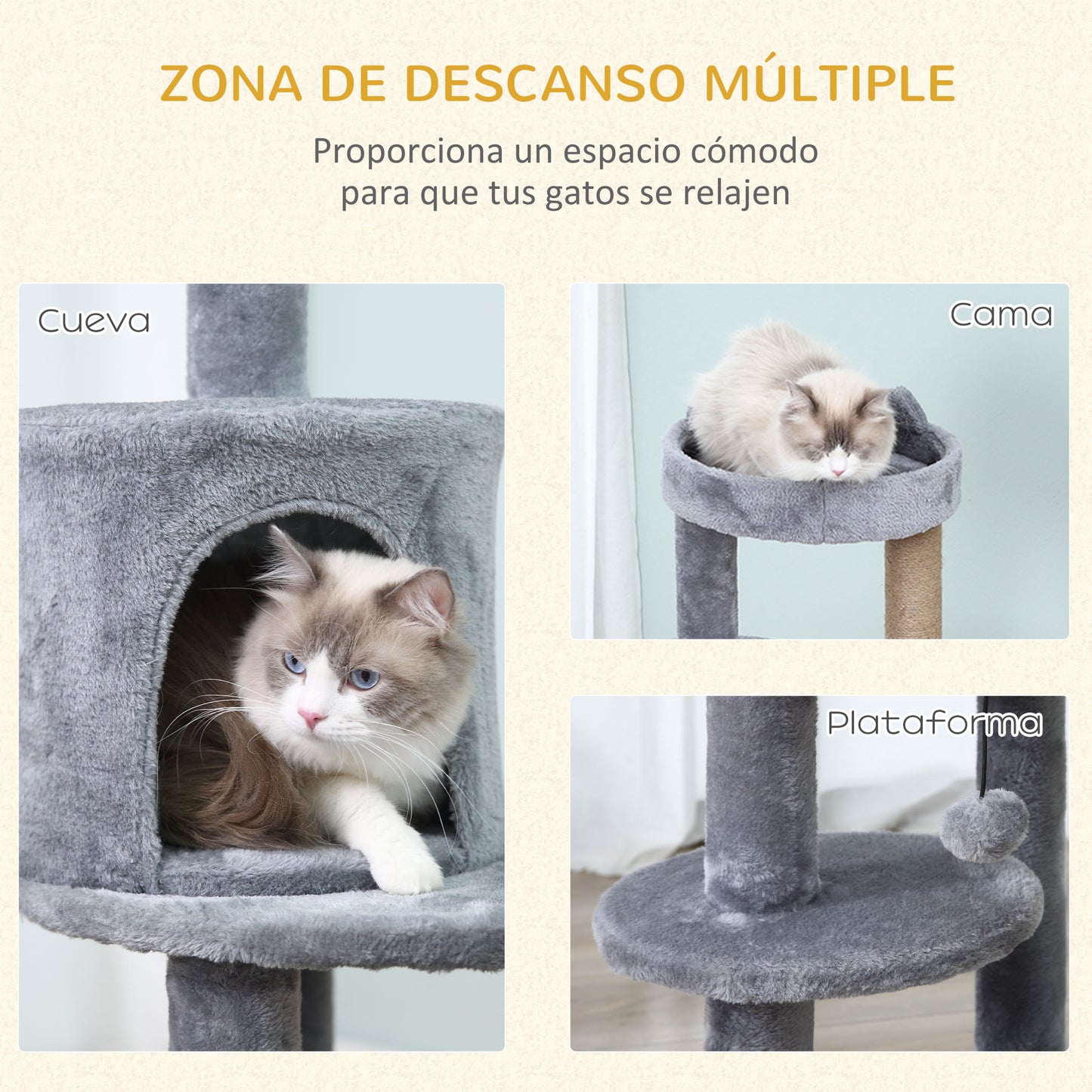 PawHut Árbol Rascador para Gatos de 104 cm Rascador para Gatos con Plataformas Refugio Postes de Sisal y Bola Colgante 48x48x104 cm Gris