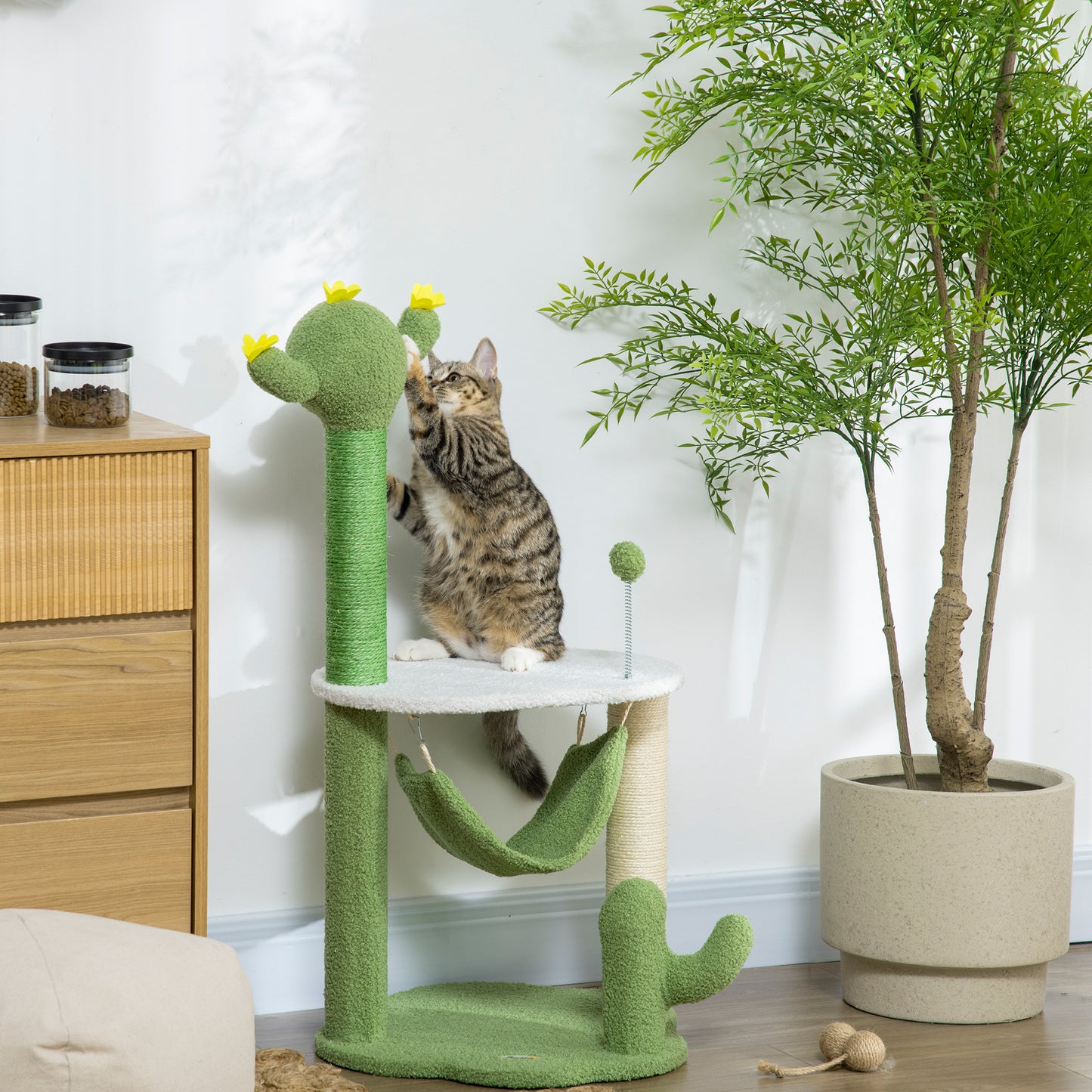 PawHut Árbol Rascador para Gatos con Forma de Cactus Altura 90 cm Torre para Gatos con Hamaca Plataforma Postes de Sisal y Bola Divertida 45x45x90 cm Verde