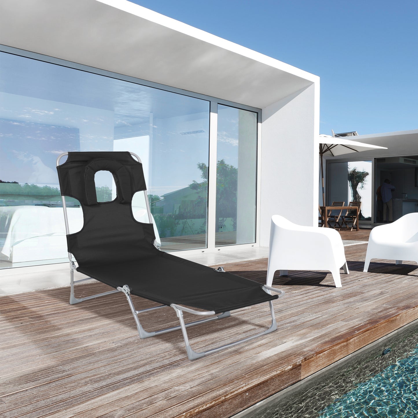 Outsunny Tumbona Reclinable y Plegable de Jardín con Orificio de Lectura Reposacabezas y Respaldo Ajustable en 5 Niveles para Playa 182x56x28 cm Negro